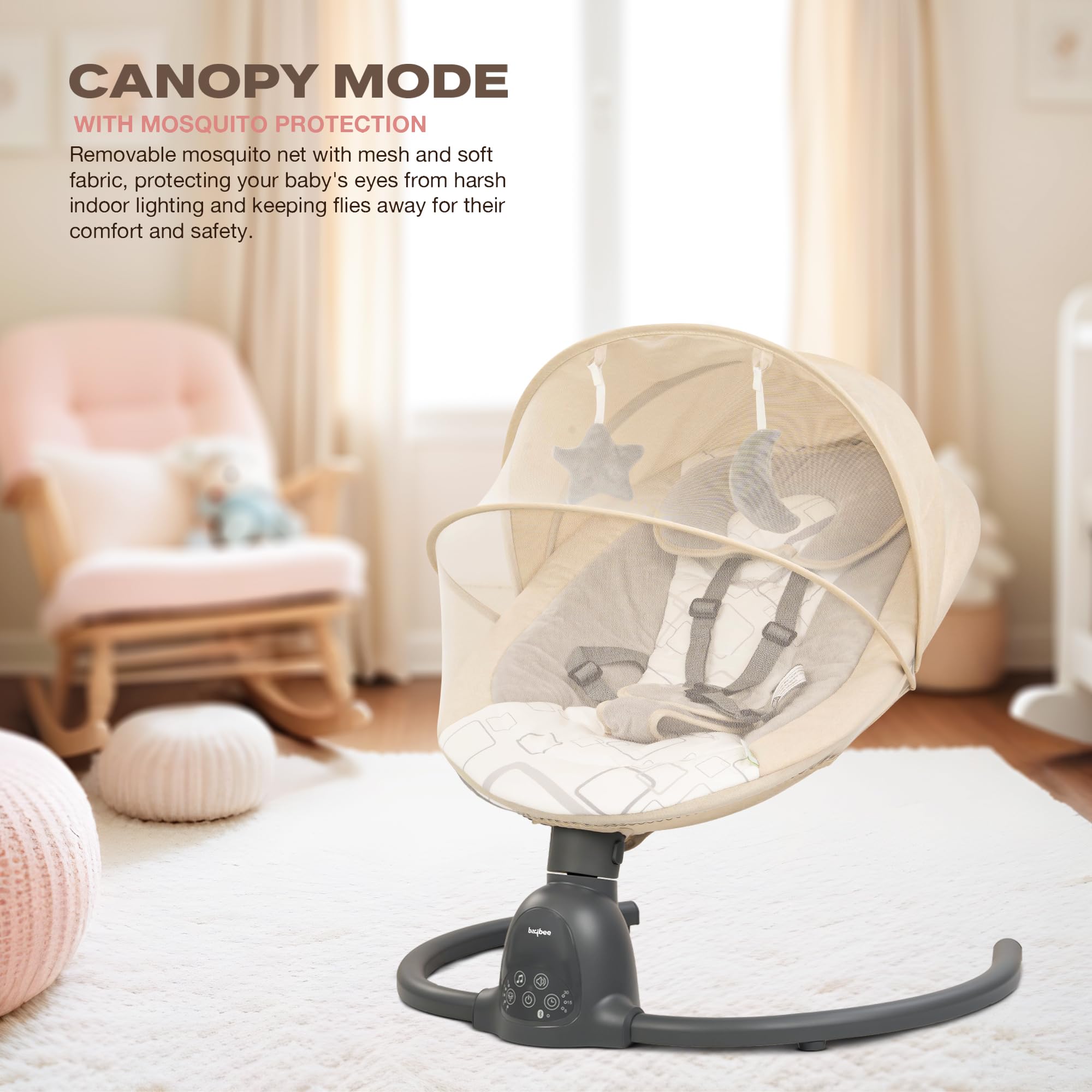 BAYBEE Plastic Automatic Electric Swing Cradle for New Born Baby with Adjustable Swing Speed, Remote | Infant Rocker, with Mosquito Net, Safety Belt, Music, & Toys | Swing for Baby (Beige) - Image 6 thumbnail