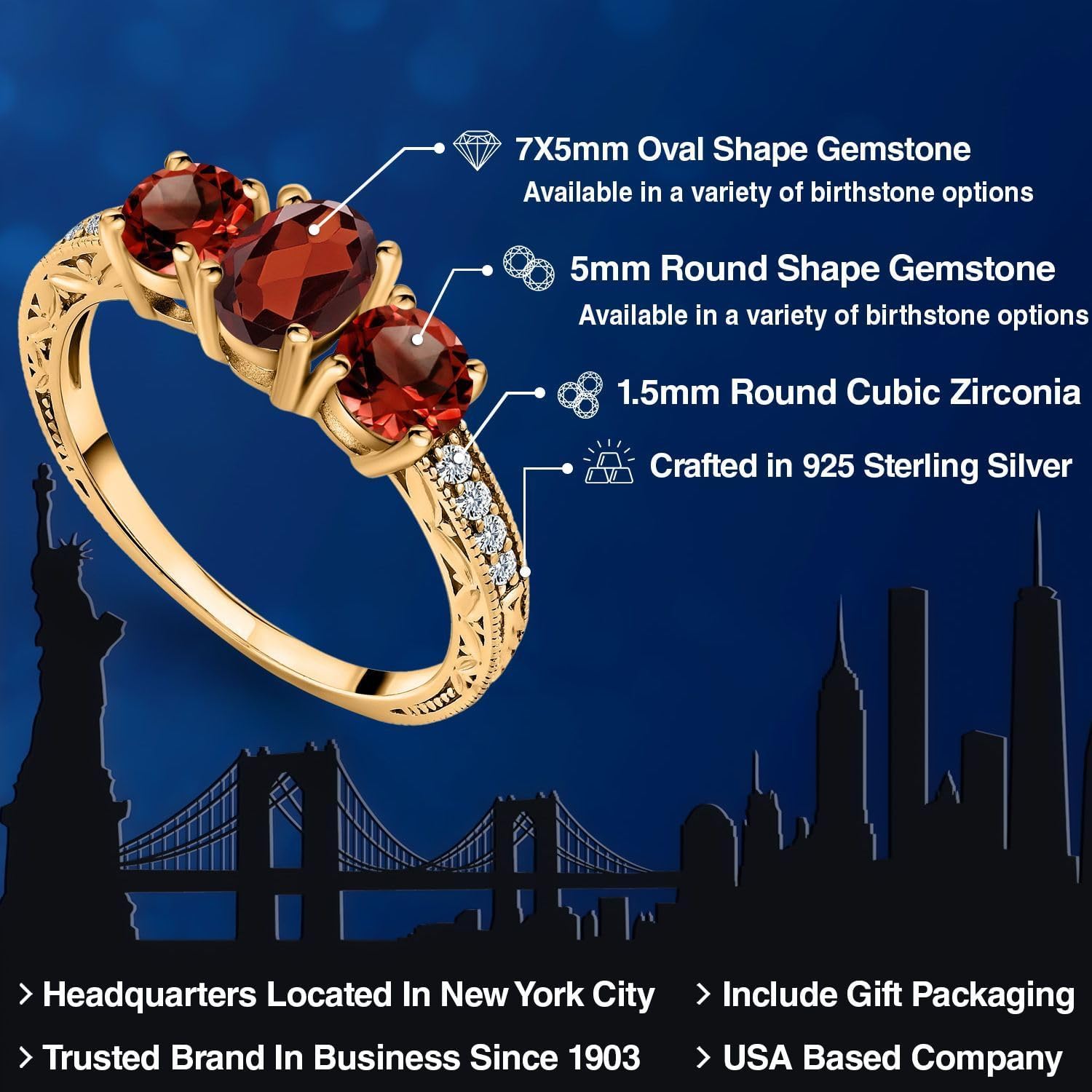 Gem Stone King 18K Yellow Gold Plated Silver Red Garnet Ring For Women | Oval 7X5MM | Round 5MM | Gemstone Birthstone | 2.12 Cttw | Wedding Engagement Anniversary Promise Ring For Women