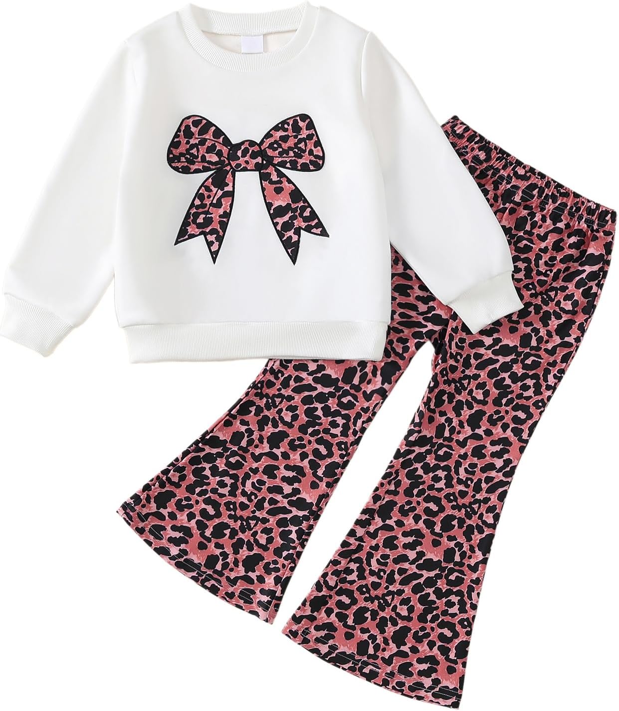 Kids Toddler Girl Fall Clothes Graphic Print Sweatshirt Pullover Leopard Flared Pants 2Pcs Winter Outfits