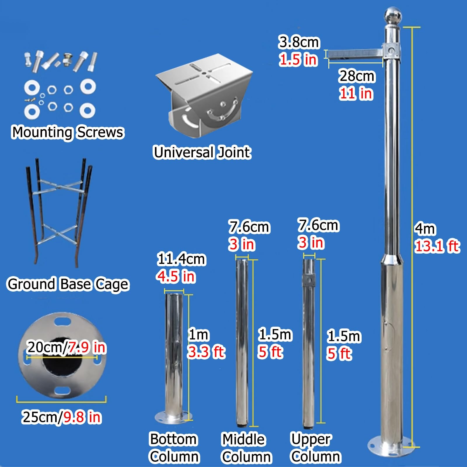 Générique Support de caméra de sécurité en métal réglable, Poteau de vidéosurveillance modulaire Facile à Assembler, Hauteur réglable pour la Surveillance extérieure, Hauteur de 4000 mm (157,5")