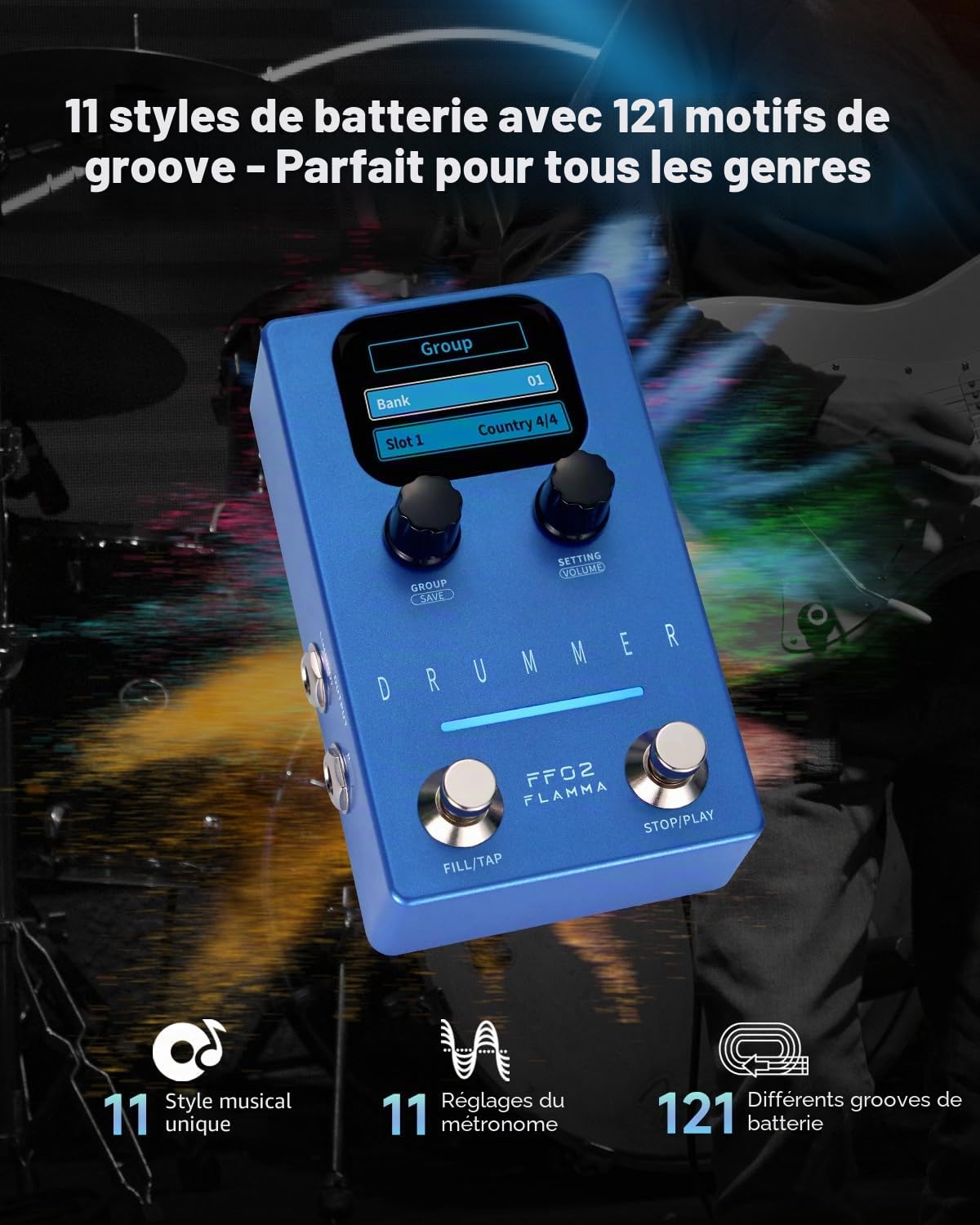 FLAMMA FF02 Pédale de guitare pour machine à tambour – 121 rainures de batterie, 11 genres de musique, Tap Tempo, rythmes personnalisables, E/S stéréo pour une utilisation en direct et en studio