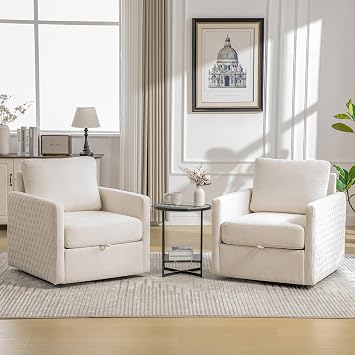 Swivel Accent Chair Set of 2, Modern Swivel Barrel Chair with Hidden Storage, 360 Degree Comfy Square Accent Barrel Chair, Upholstered Sofa Armchair for Living Room,Bedroom,Chenille, Beige