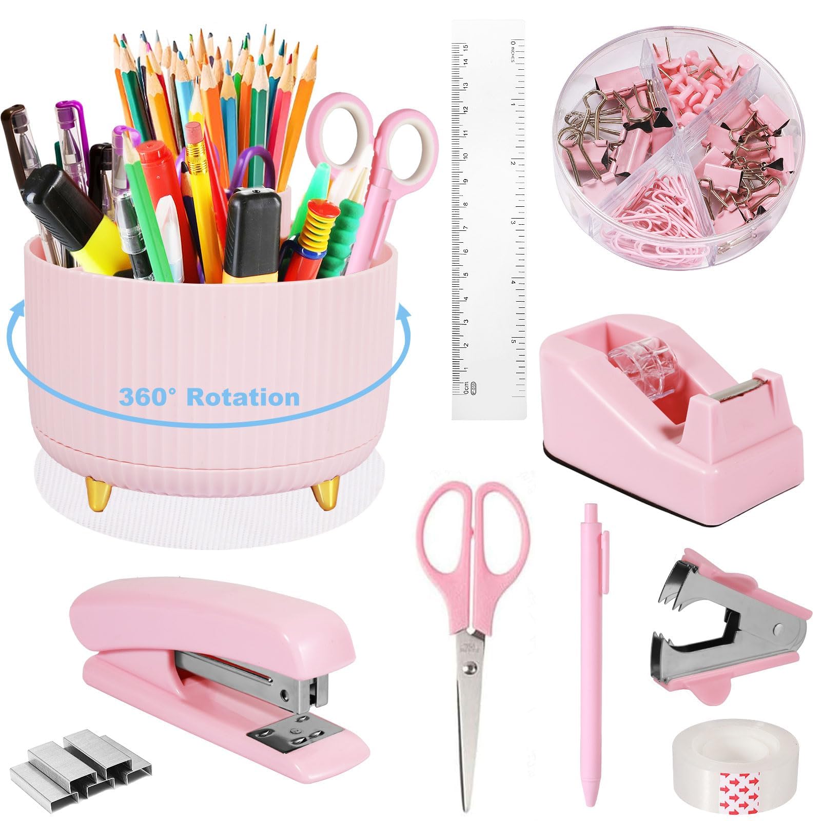 JIPITIMI Organizador de suministros de escritorio, soporte giratorio de 360° para escritorio, accesorios de oficina rosa para mujeres, niñas, organizador de accesorios de escritorio para el hogar, la