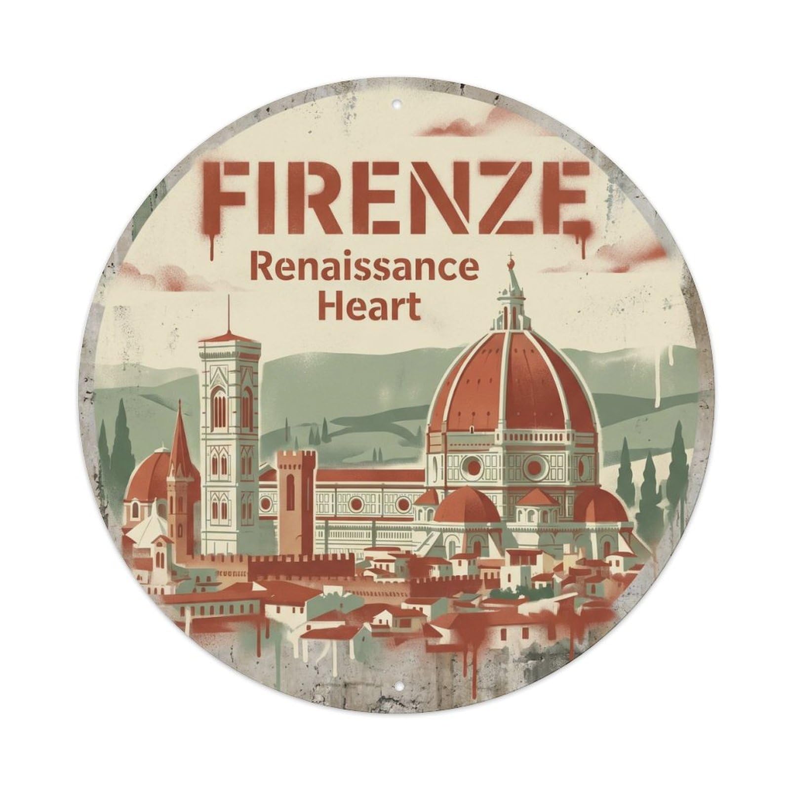 Yrnq Vintage Style Vintage Travel Florence Cathedral Italy Vintage Metal Tin Sign Plaque Wall Decor For Cafe, Club, Garden Round Metal Poster 8X8inch