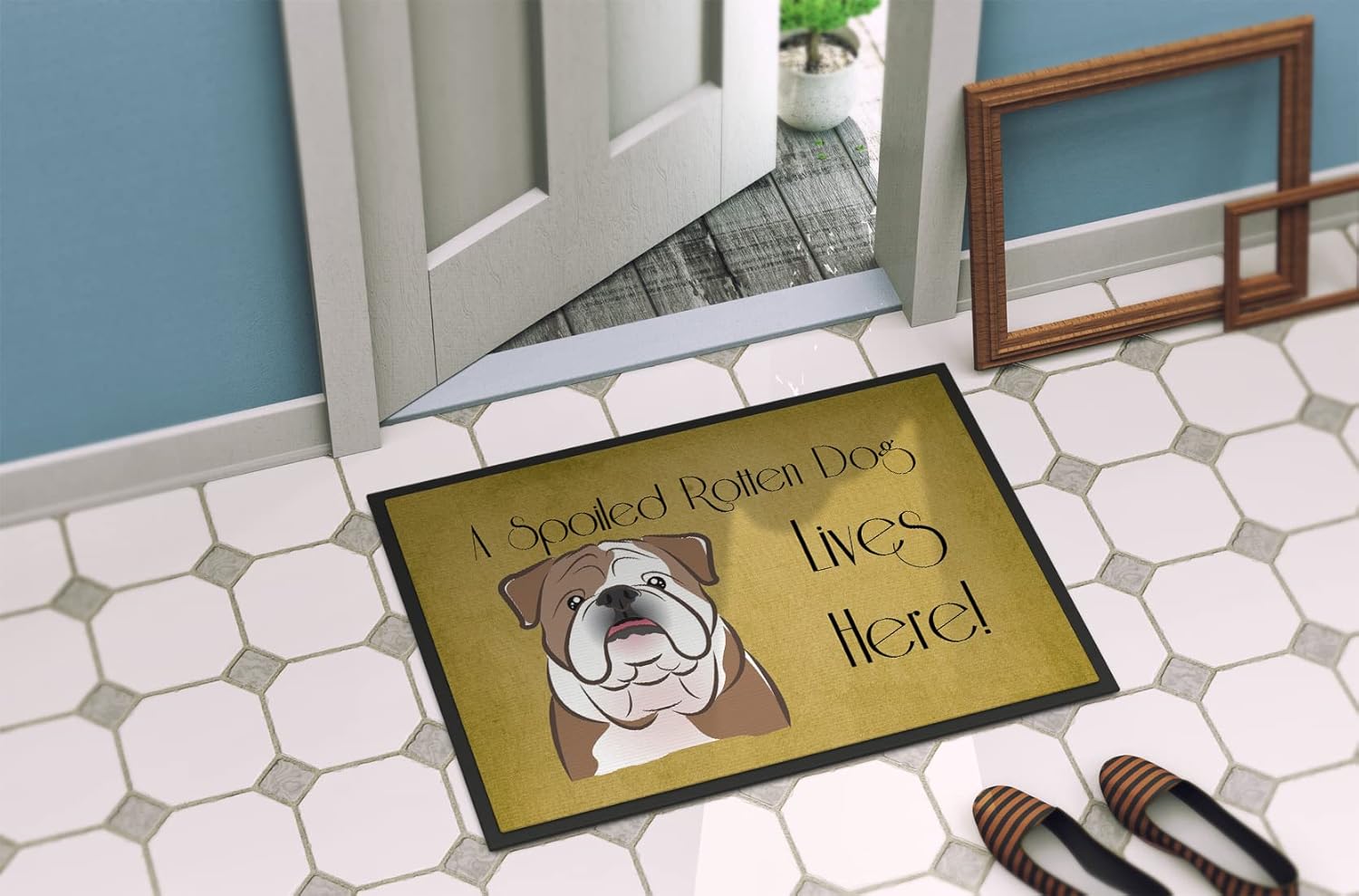 Caroline's Treasures BB1467MAT English Bulldog Spoiled Dog Lives Here Doormat 18x27 Front Door Mat Indoor Outdoor Rugs for Entryway, Non Slip Washable Low Pile, 18H X 27W