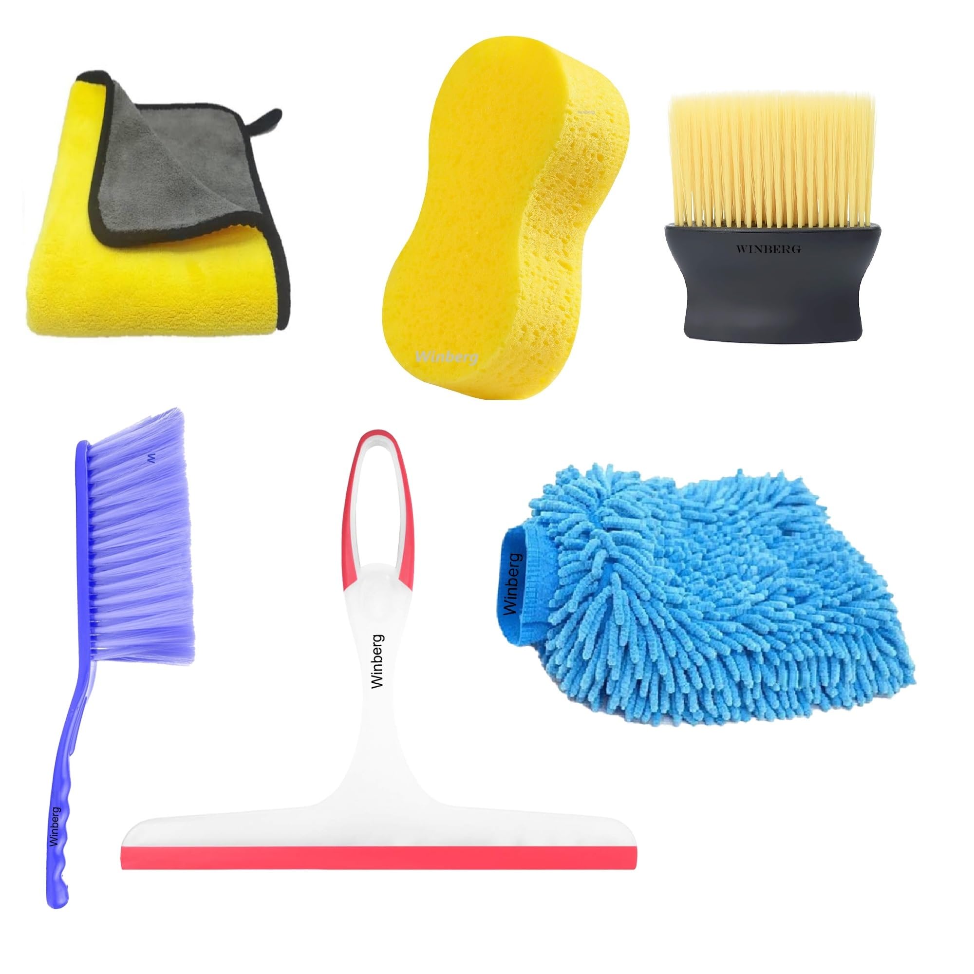 winberg car cleaning kit, 6-piece set with microfibre gloves, wiper, sponge, brush and cleaning towel car22