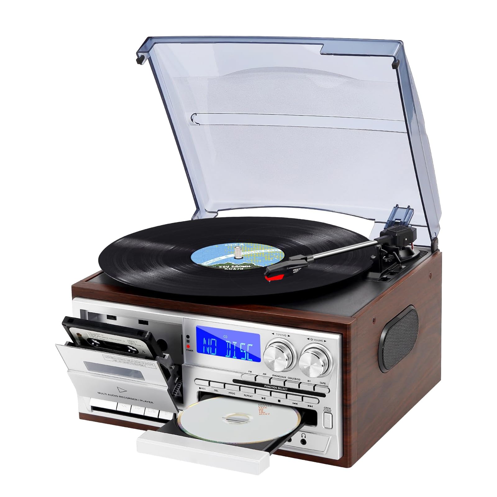 Giradischi, giradischi vintage Bluetooth a 3 velocità con telecomando, lettore CD e cassette, altoparlanti integrati, compatibile con dischi in vinile