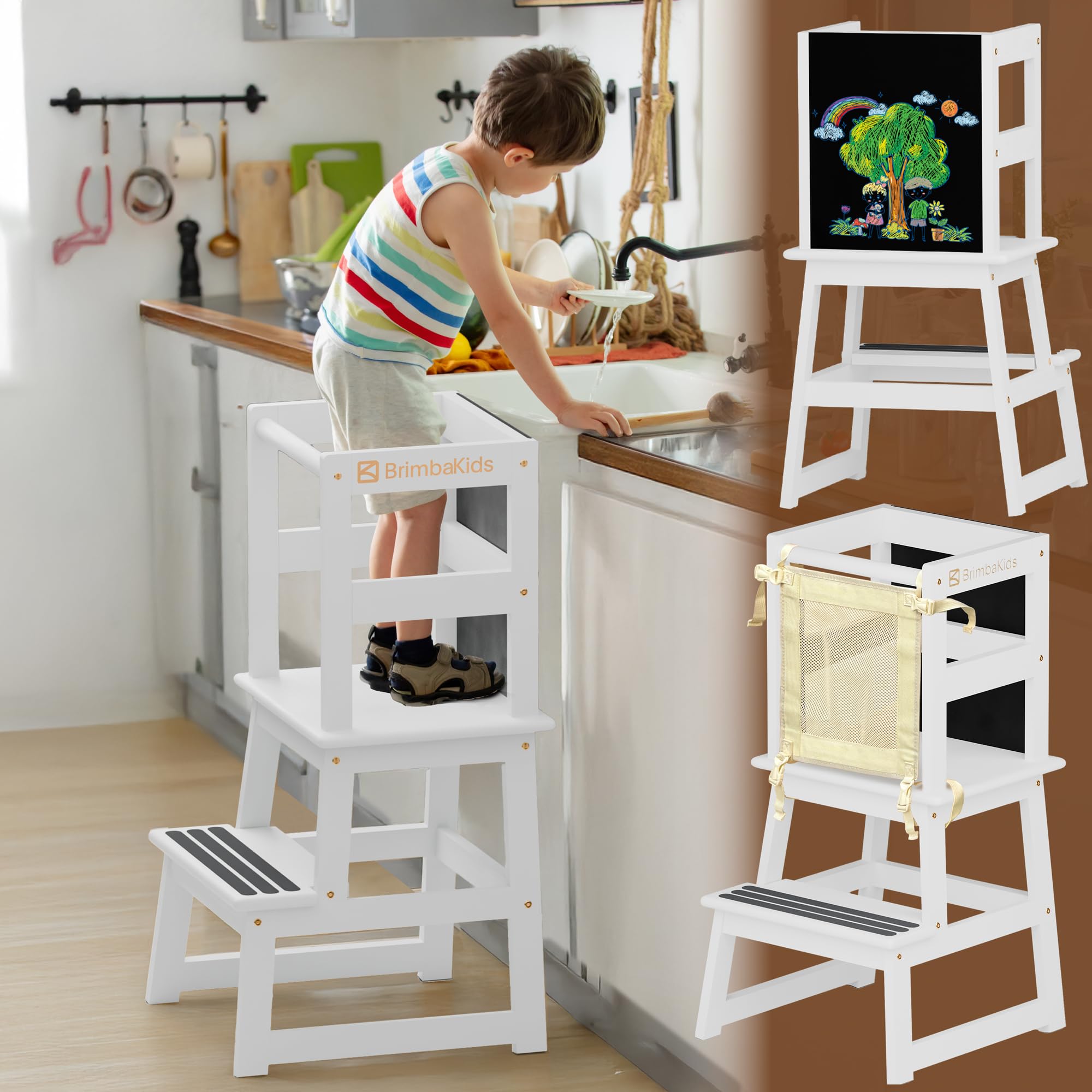 BrimbaKids Toddler Kitchen Tower Helper - Pine Wood - White - Montessori Learning Standing Tower for Kids 1-3 - CPC & FSC Certified - Supports 200 LBS