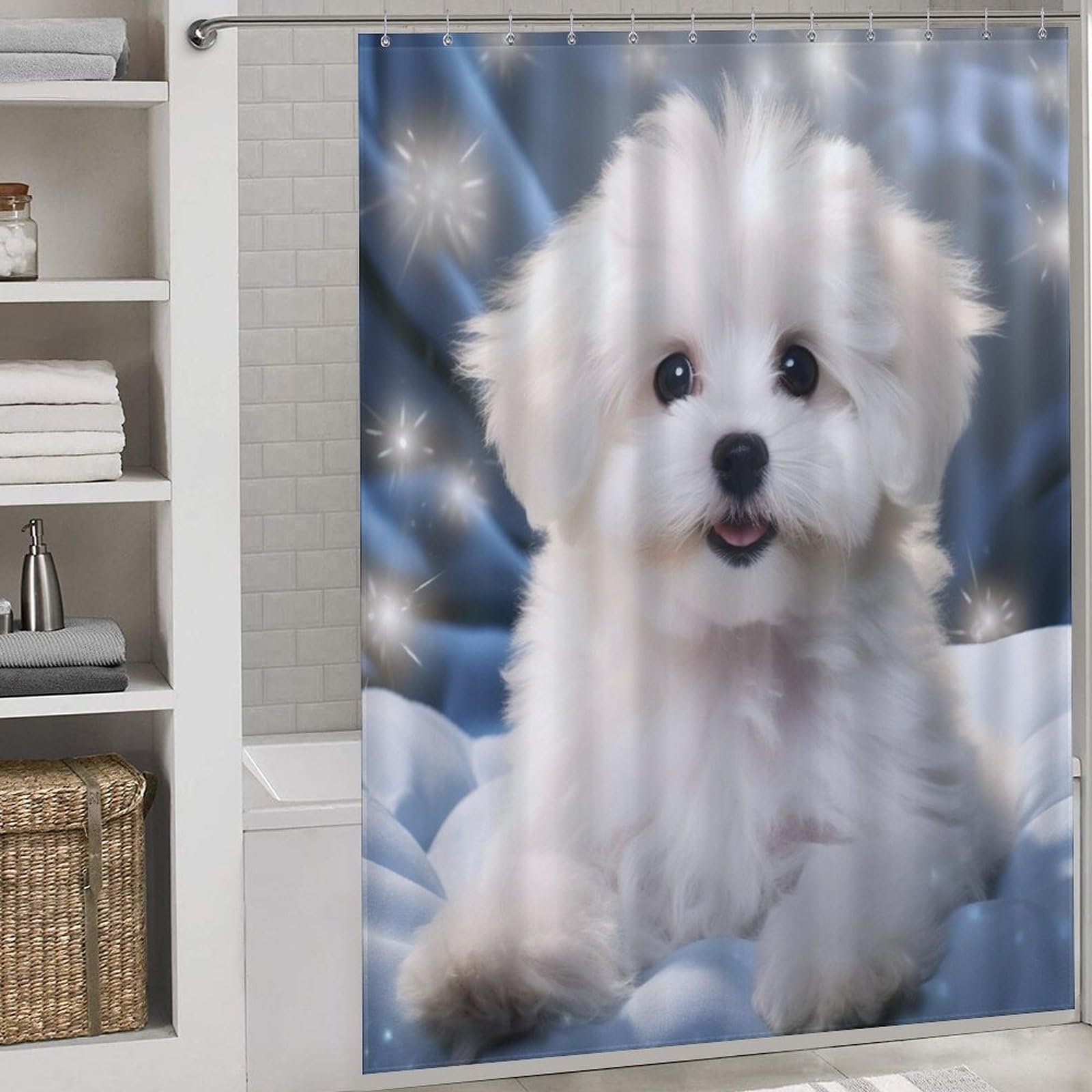 Rideau de douche tissu polyester Bichon frisé pour égayer la salle de bain des enfants