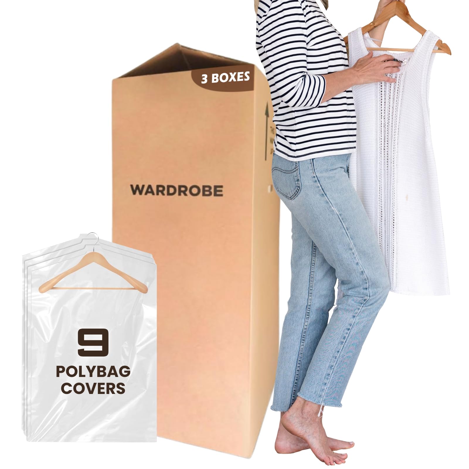 3 Large Strong Cardboard Double Wall Wardrobe Boxes | Portable Hanging Garment Carrier With Hanger Rail & Heavy-Duty Wardrobe Moving Boxes | Easy Access & Spacious Design for Hassle-Free Moving