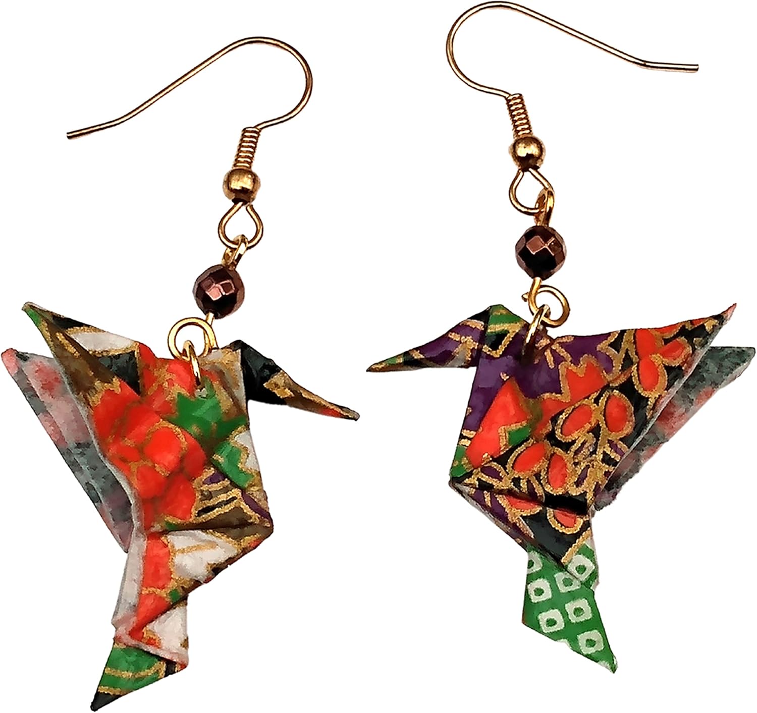 Paper Origami Hummingbird with Glass Bead Earrings, Orange Green Purple Gold, Mother's Day Gift