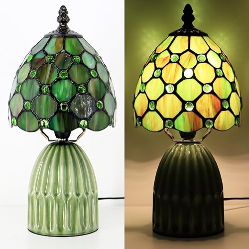 Miniatura 2 de Tiffany Lamp Stained Glass Mushroom Table Lamps 6X6X12.5 Inch Brownish Green Pearl Style Small Night Light Ceramic Base Mini Accent Desk Light