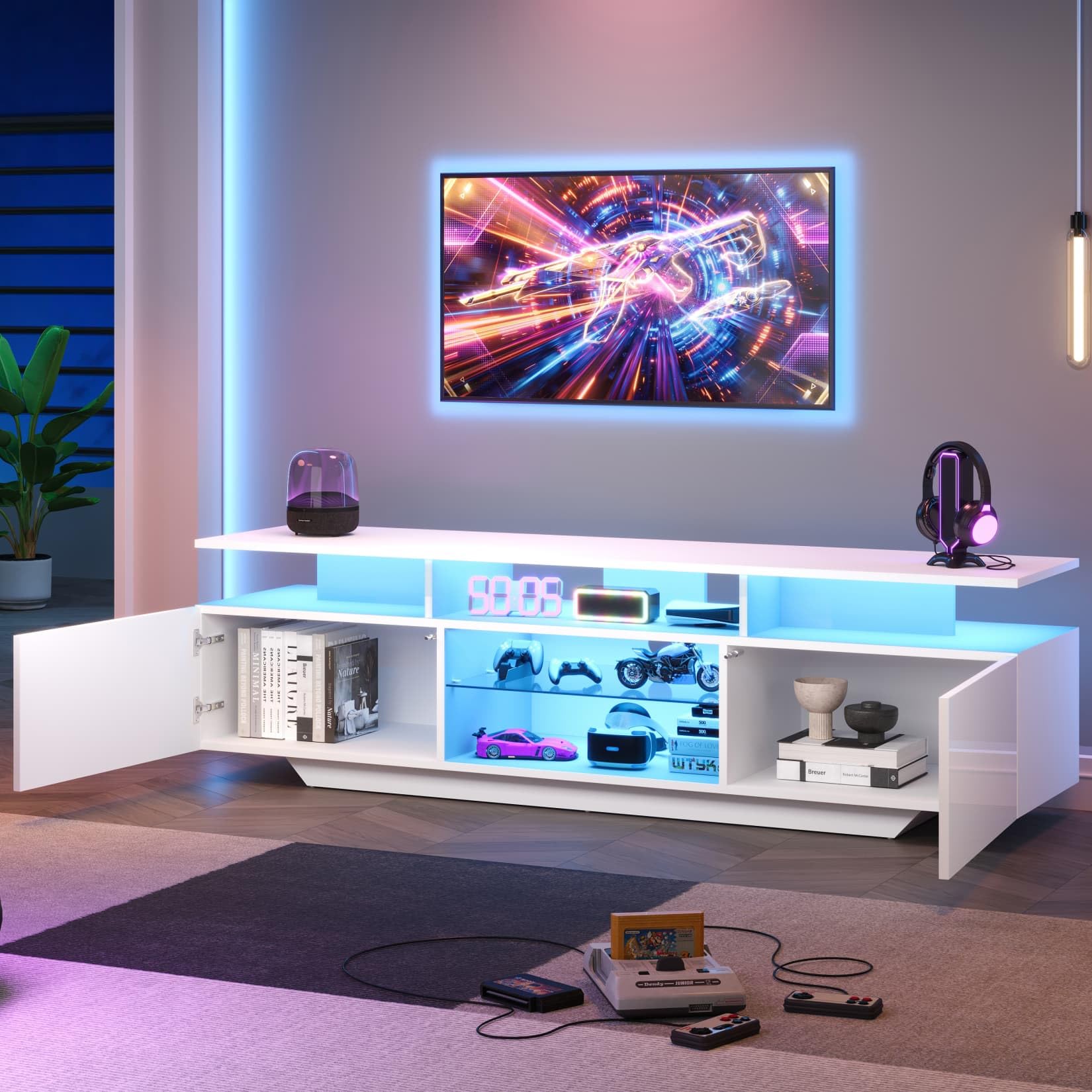 Meuble TV Blanc 160x40x45cm,Meuble Tele Brillant avec éclairage LED Réglable,2 Armoires,8 étagères,pour Téléviseurs D'environ 70 Pouces (I)