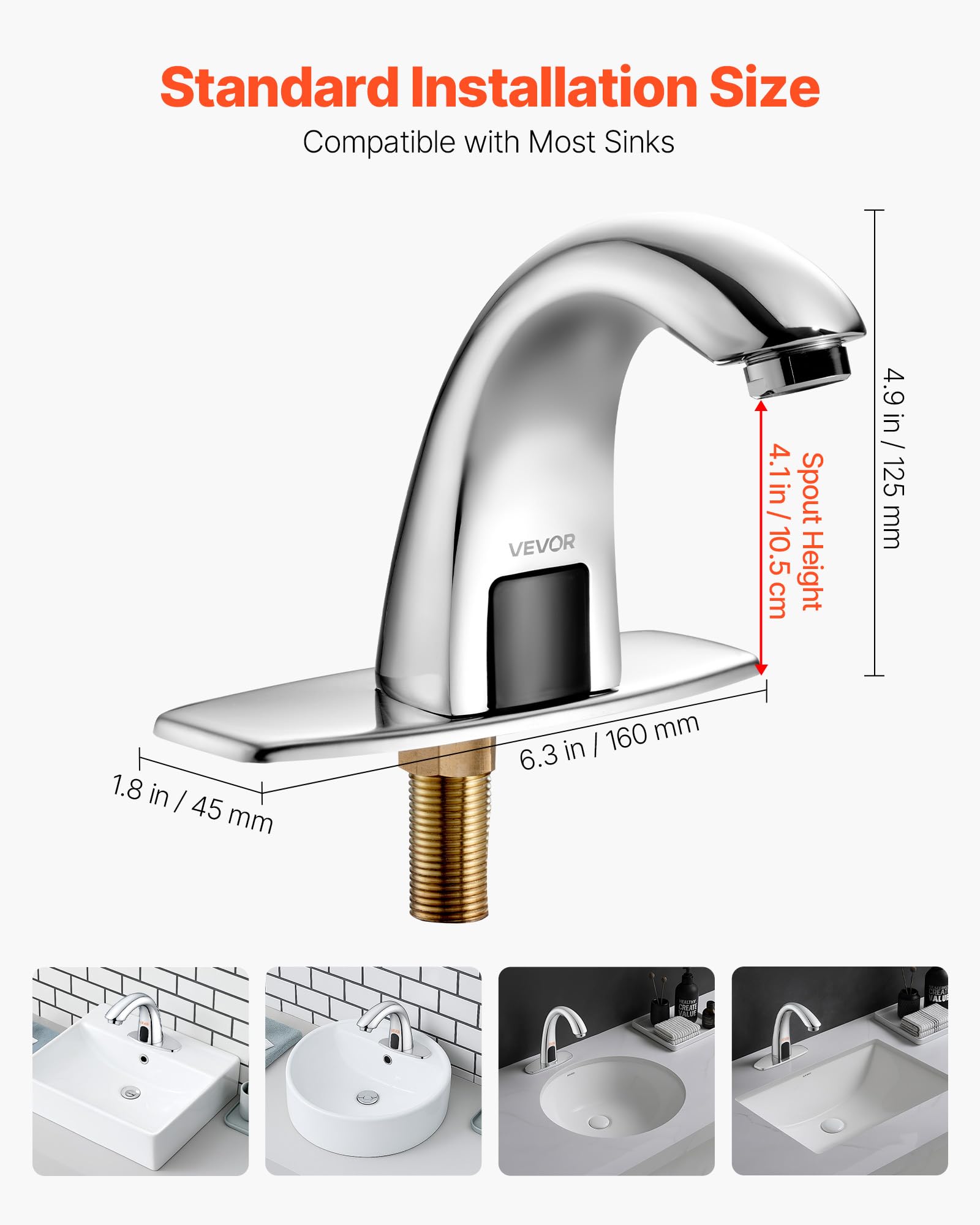 VEVOR Grifo de Lavabo Automático sin Contacto para Baño, Cuello de Cisne, Latón, Grifo a Pilas con Temperatura Ajustable y Sensor de Movimiento, Cromado Plateado, 160 x 45 x 125 mm, 7,6 L/min