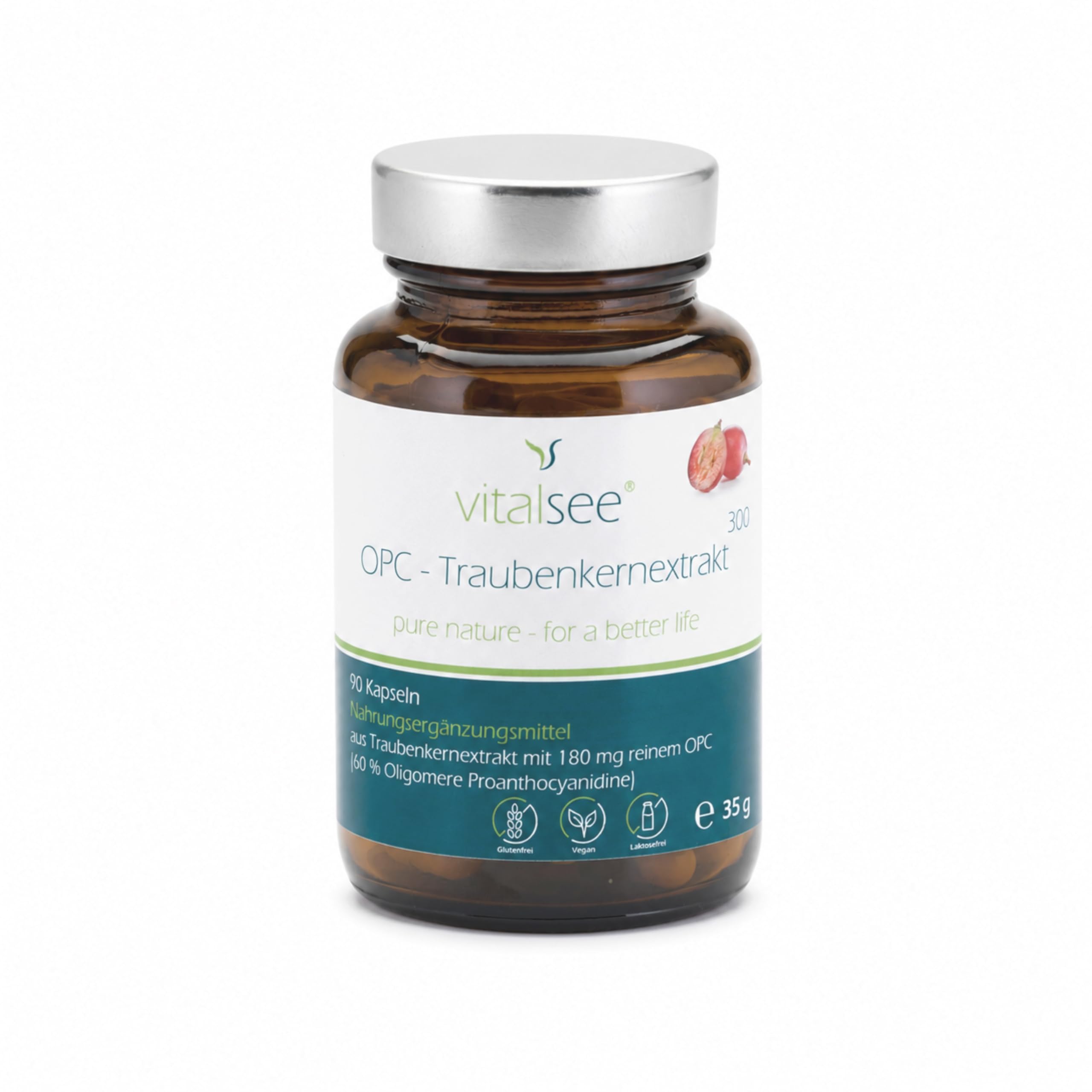 OPC - Traubenkernextrakt 300 – 90 vegane Kapseln – 60% OPC – glutenfrei, laktosefrei, ohne Zusätze – im Glas