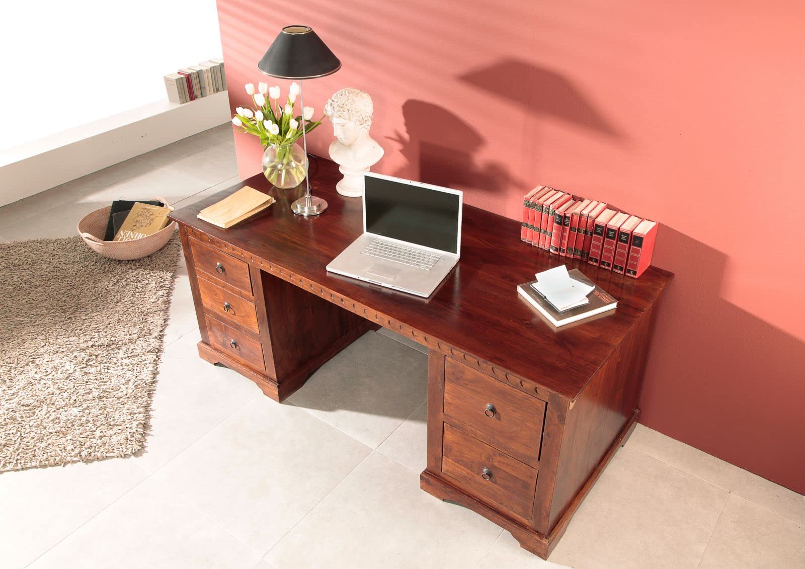 MASSIVMOEBEL24.DE | Oxford Schreibtisch Akazie 180x80x74, Farbe:Dunkelbraun lackiert, Größe:180x80x74 cm (BxTxH)