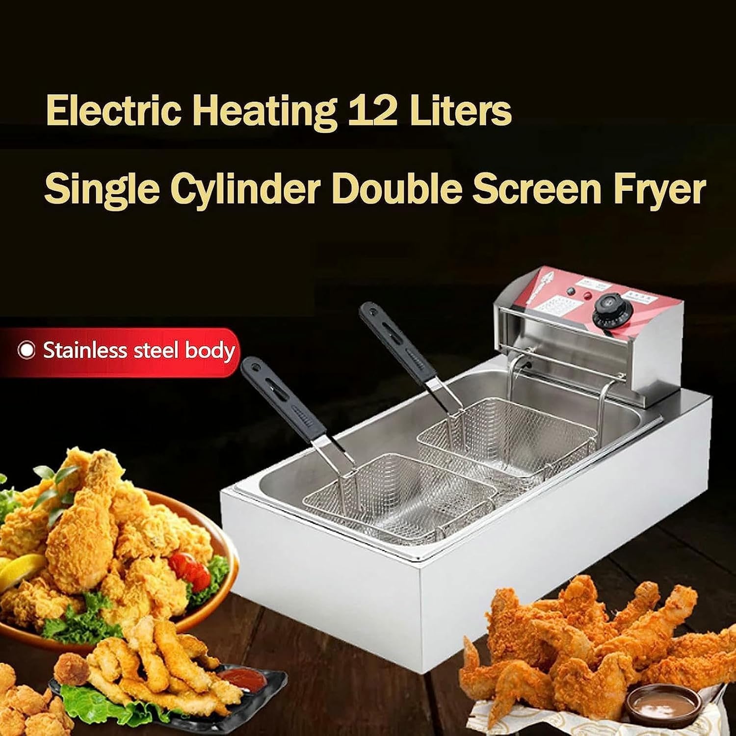 Commercial Fat Fryer Basket 3000W Electric Deep Fat Fryer, 12L Double Fryer with Lids and 2 Oil Basketes, 60-250°C Adjustable Temperature, Easy Clean Removable Basket~/