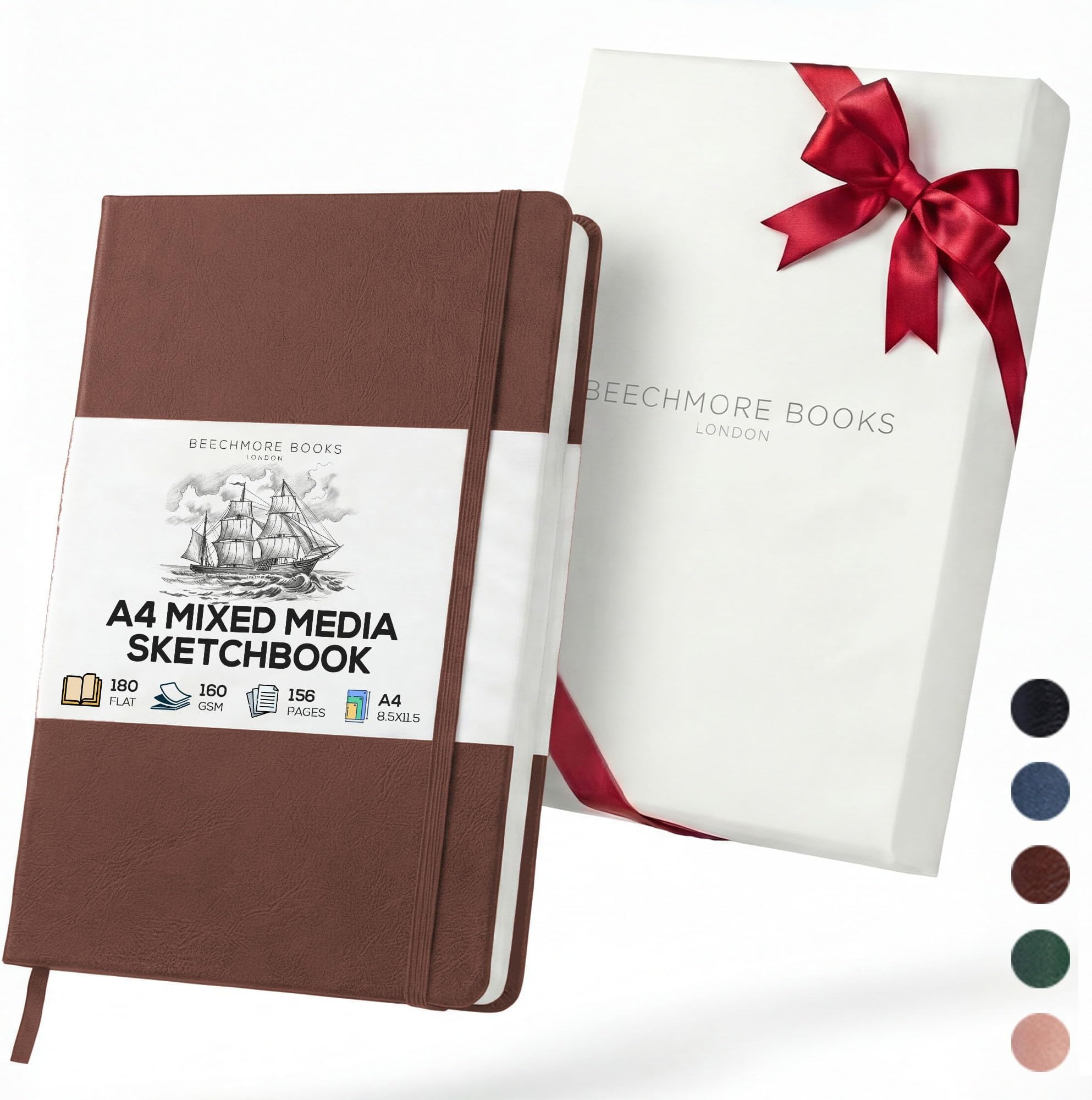 Beechmore Books A4 Sketchbook – 8.5x11" Premium Vegan Leather Bound Large Sketch Book Hardcover With 156 Thick 160gsm Perforated Ivory Pages, Blank Sketch Pad, Gift Boxed, Back Pocket, Ribbon Bookmark