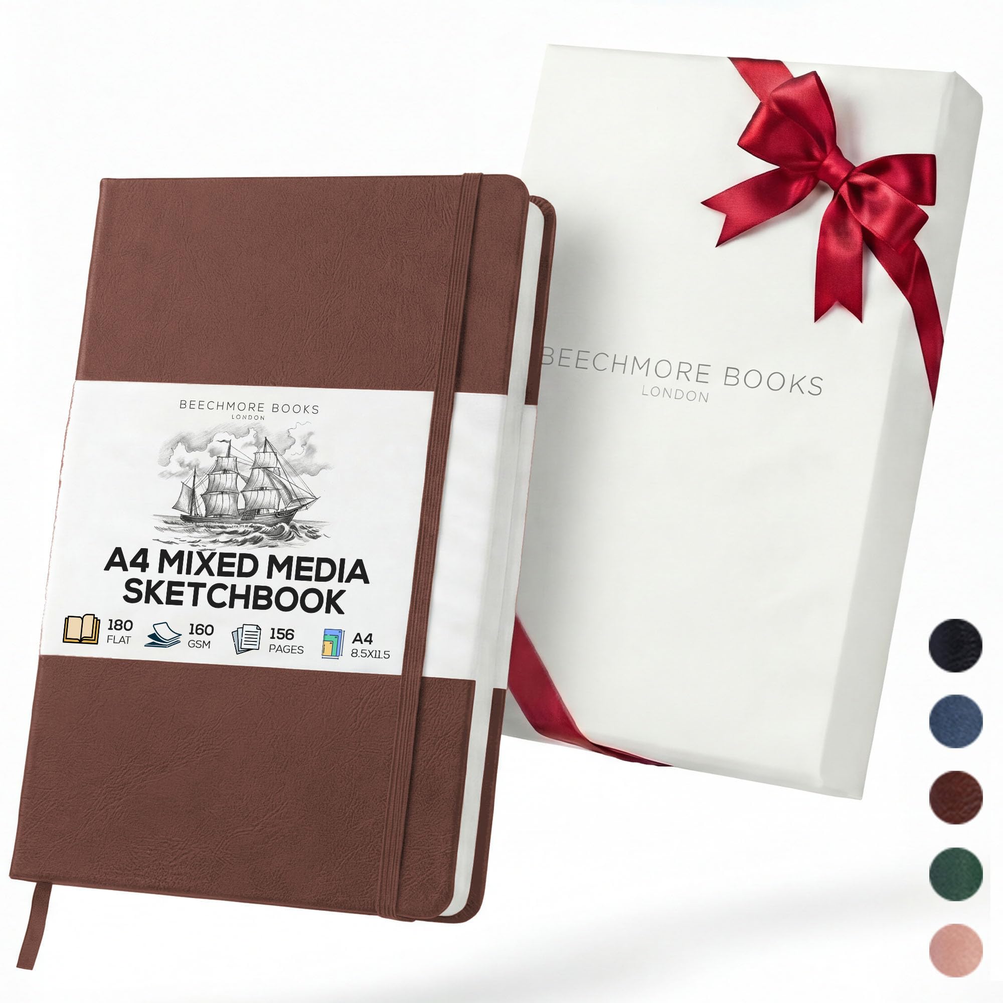 Beechmore Books A4 Sketchbook – 8.5x11" Premium Vegan Leather Bound Large Sketch Book Hardcover With 156 Thick 160gsm Perforated Ivory Pages, Blank Sketch Pad, Gift Boxed, Back Pocket, Ribbon Bookmark