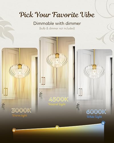 Miniatura 5 de FEMILA Pendant Light for Kitchen Island, 10.3" Brushed Gold Pendant Lighting, Dome Glass Pendant Light Vintage Light Fixtures for Bedroom Hotel