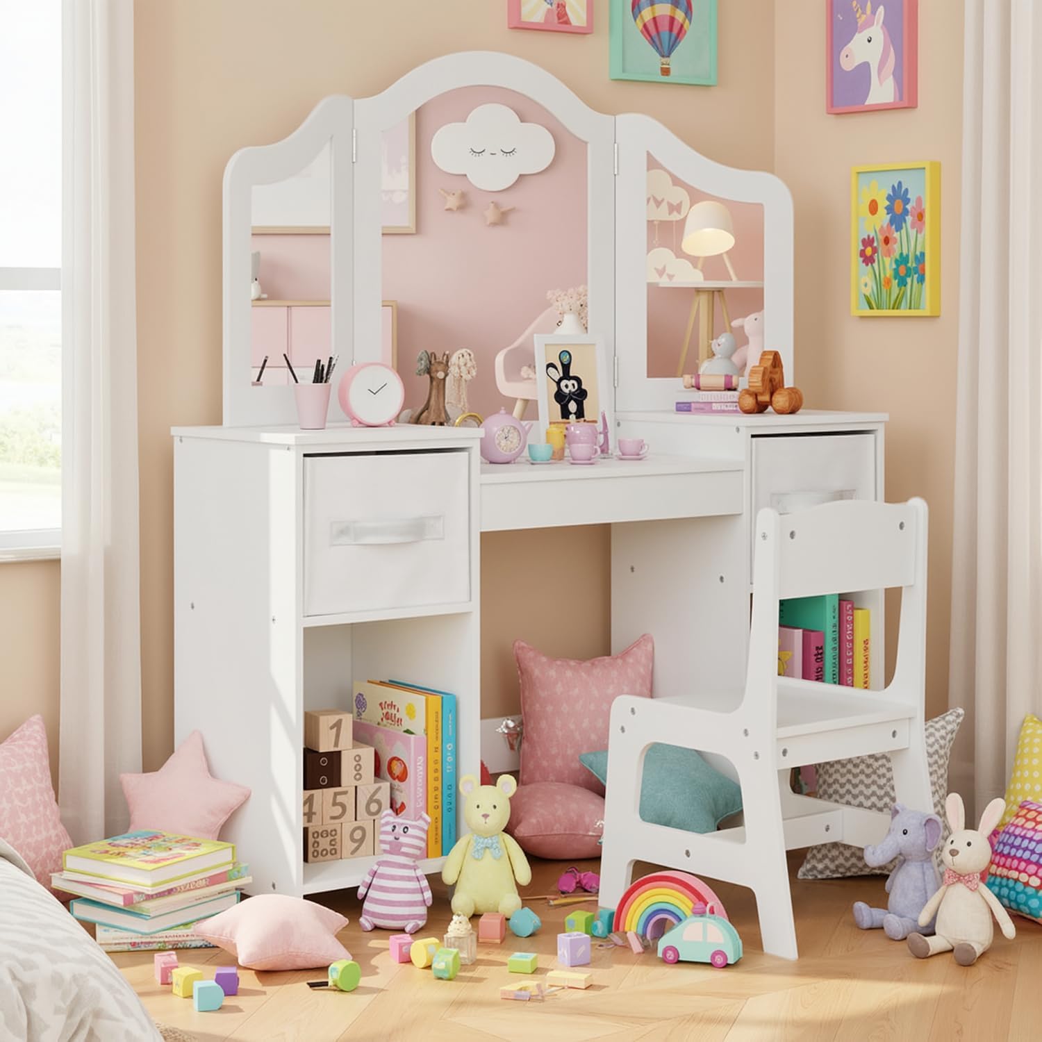 Clevich Kids Vanity Table and Chair Set, 2-in-1 Girls Vanity Set with Removable Mirror & Stool, Princess Toddle Makeup Table with Storage Box, Wooden Desk for Kids (White)