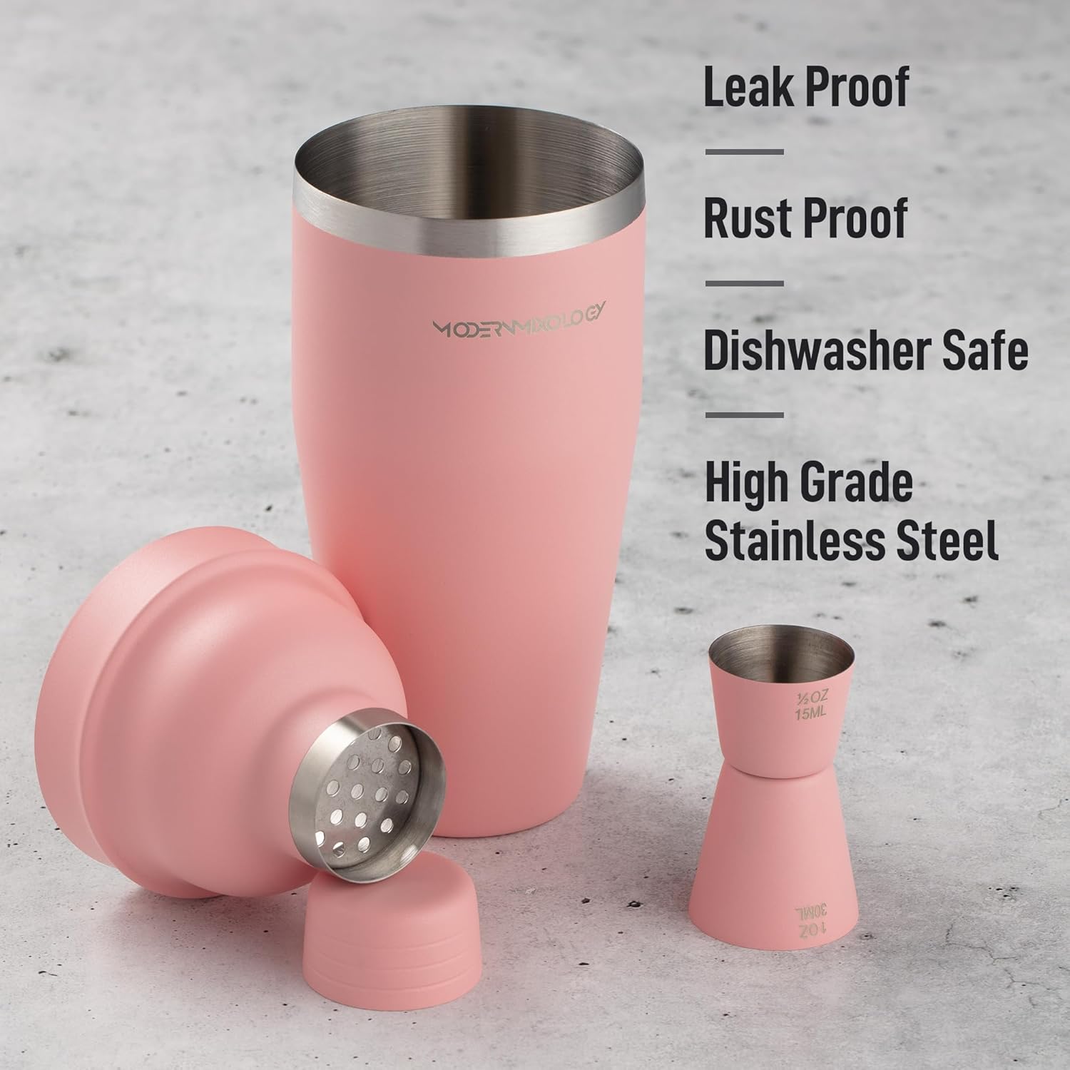 Modern Mixology 24oz Cocktail Shaker Set - Bartender Set with Jigger, Great for Mixing Cocktails, Martini, Margarita - Sleek Gift for Men & Women (Pink) - Image 2
