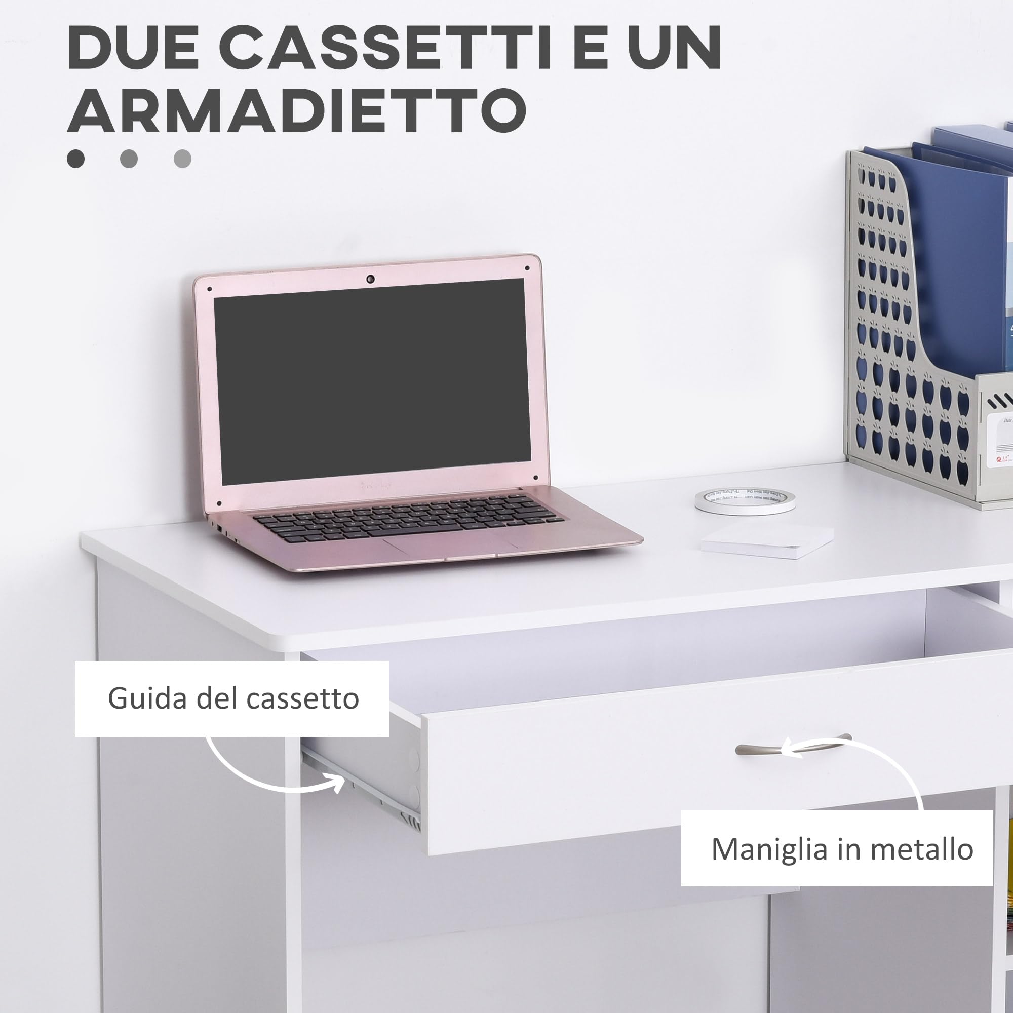 HOMCOM Scrivania Moderna per PC e Computer con 2 Cassetti e 1 Armadietto, Scrivania con Libreria Salvaspazio per Ufficio o Camera in Legno, Bianco