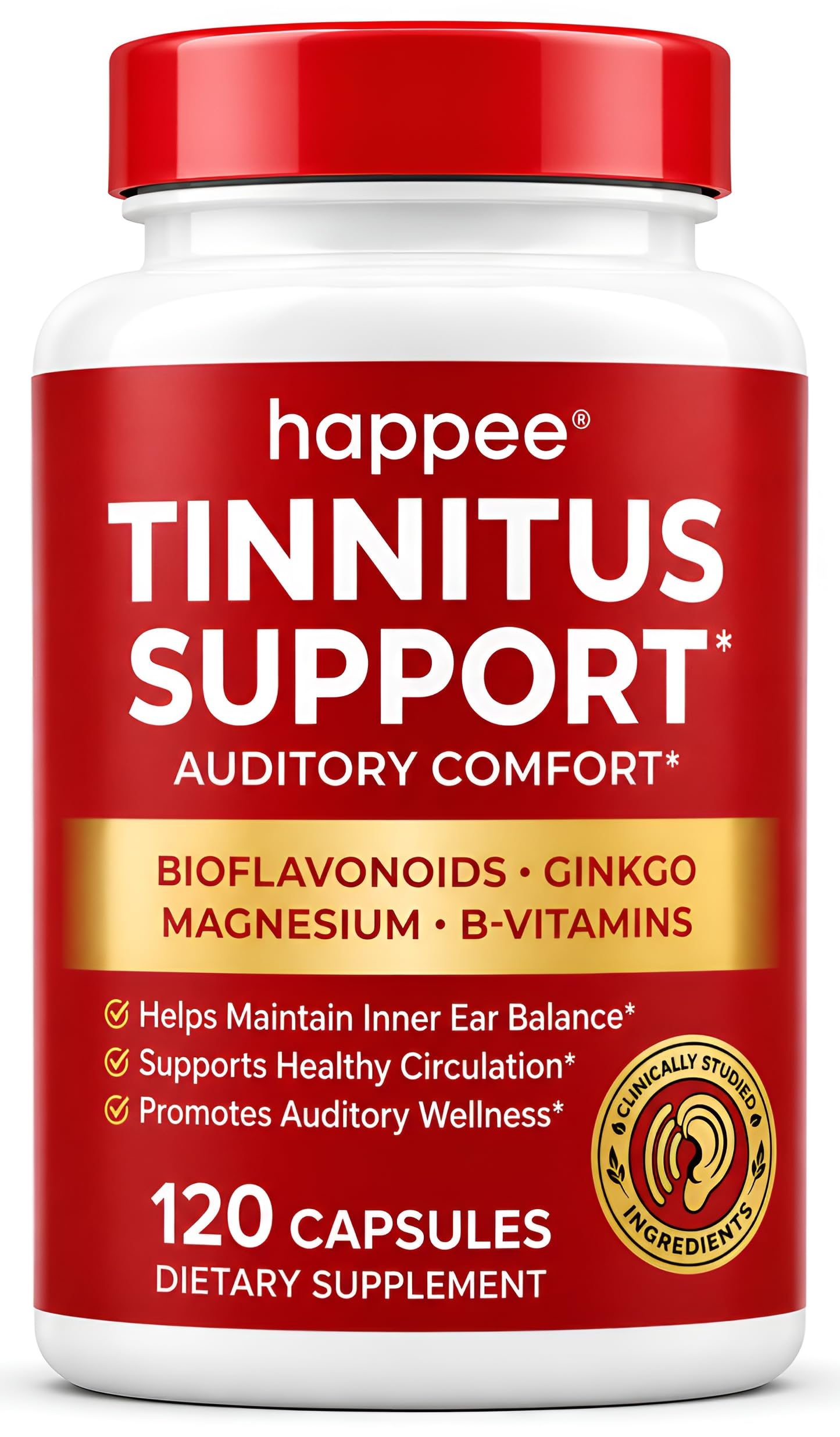 Happee Tinnitus Supplement for Ringing Ears, Bioflavonoids & Ginkgo, 120ct