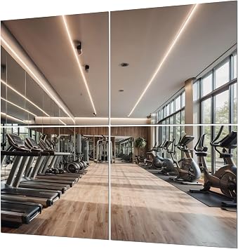 Workout Gym Mirror Tiles - 10x10 Pack of 4, Full-Length Self-Adhesive Frameless Exercise & Fitness Mirror for Wall Home Fab Glass and Mirror