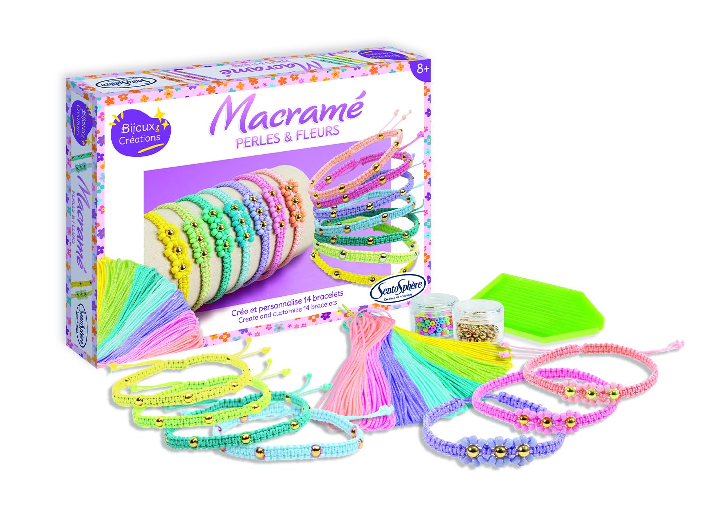Sentosphère – Macramé Perles & Fleurs – Coffret créatif pour enfants dès 8 ans – Crée 14 bracelets colorés avec des fils macramé et des perles dorées pour un look unique et personnalisé – 80003