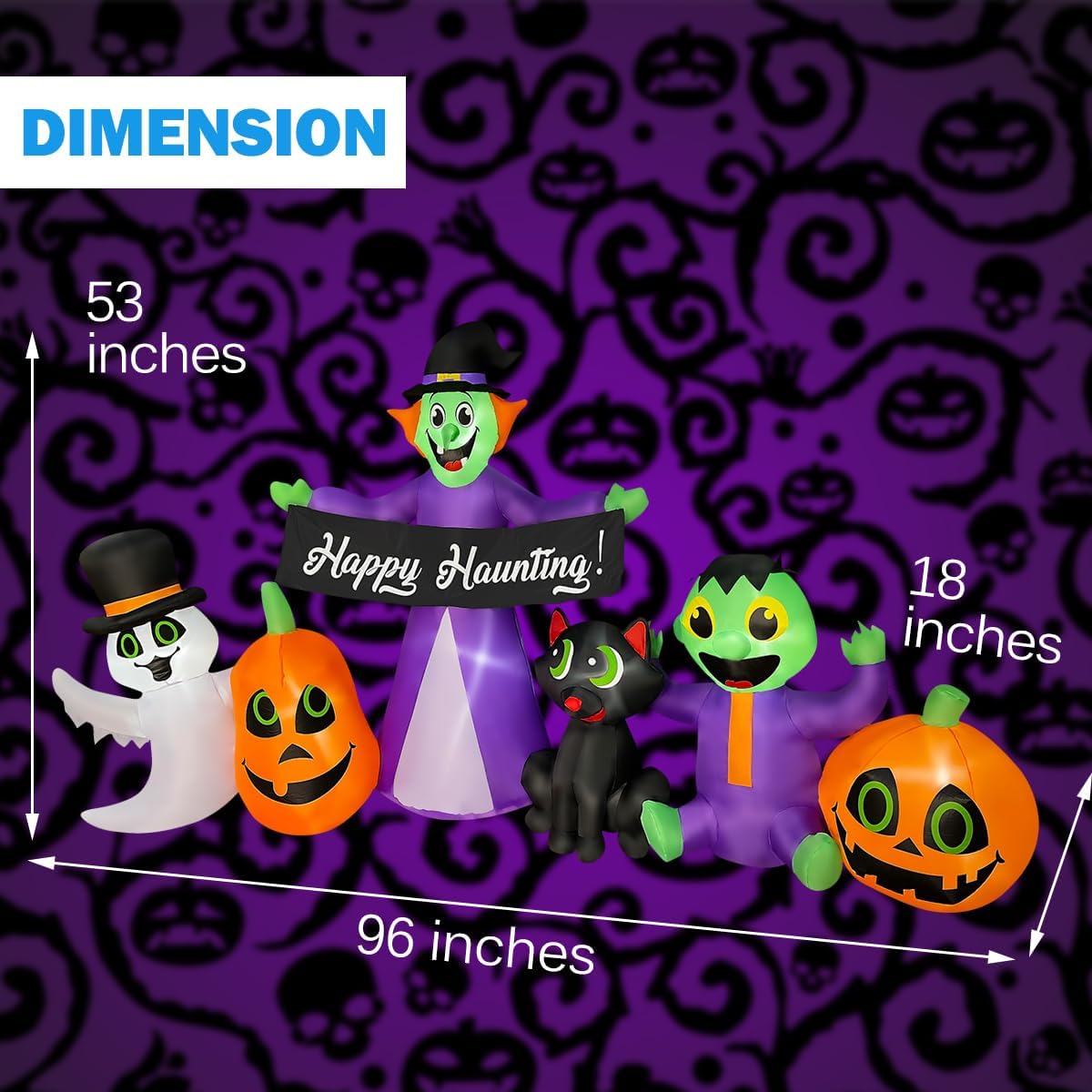 BLOWOUT FUN 8ft Length Halloween Inflatable Witch, Ghost, Frankenstein Baby, Black Cat with Pumpkin Decoration, LED Blow Up Lighted Clearance Decor Indoor Outdoor Holiday Art Decor Decorations
