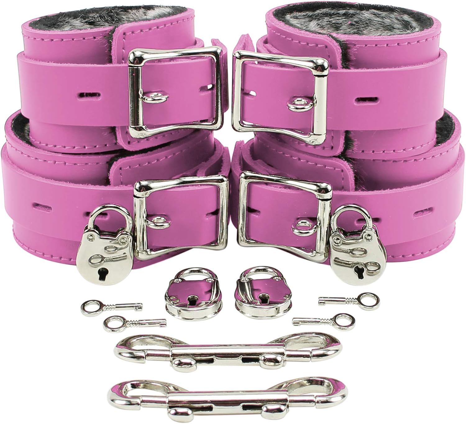 VP Leather Abigail Combo Wrist and Ankle Cuffs, Premium Latigo Leather and Soft Chinchilla Faux Fur Lining, Adjustable Cuffs, Bondage BDSM Kit Restraints, Sex Toys for Men Women and Couples, Black