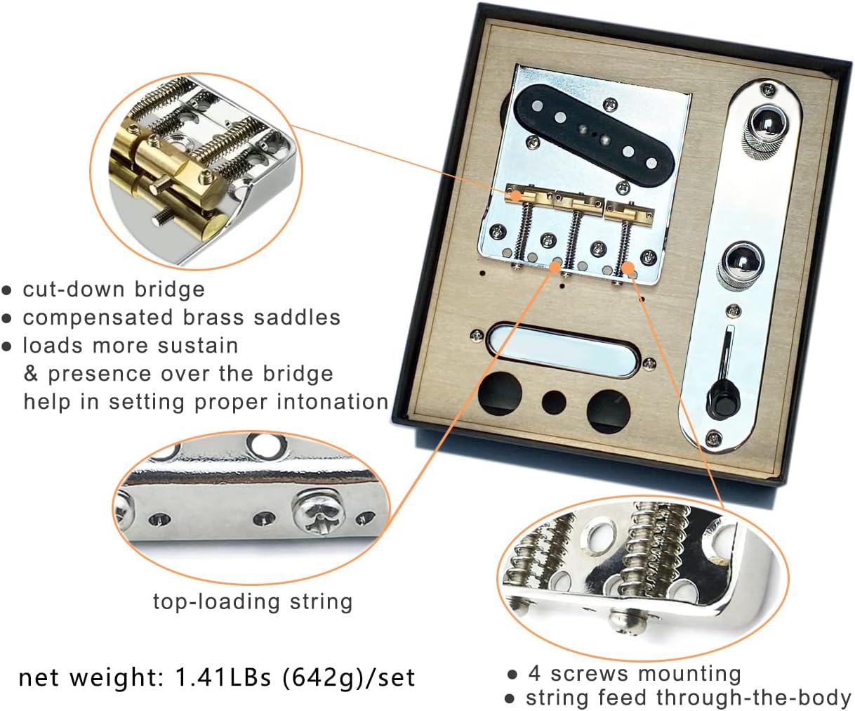 Combos of Prewired Electric Guitar Control Plate System, Compensated Brass Saddles Bridge Plate Loaded Alnico V Single Coil Neck Bridge Pickups Set, Chrome-02A