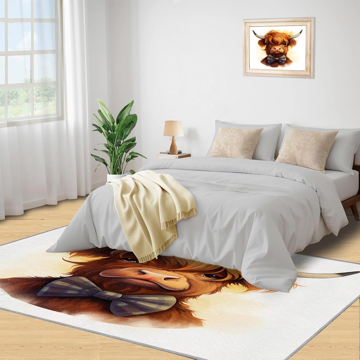Gentleman Cow Rug 4x6 Area Rug,Funny Animal Print Indoor Rugs, Cartoon Kids Anti-Slip Backing Rug, Cute Highland Cow Washable Floor Carpet for Study Dining Room