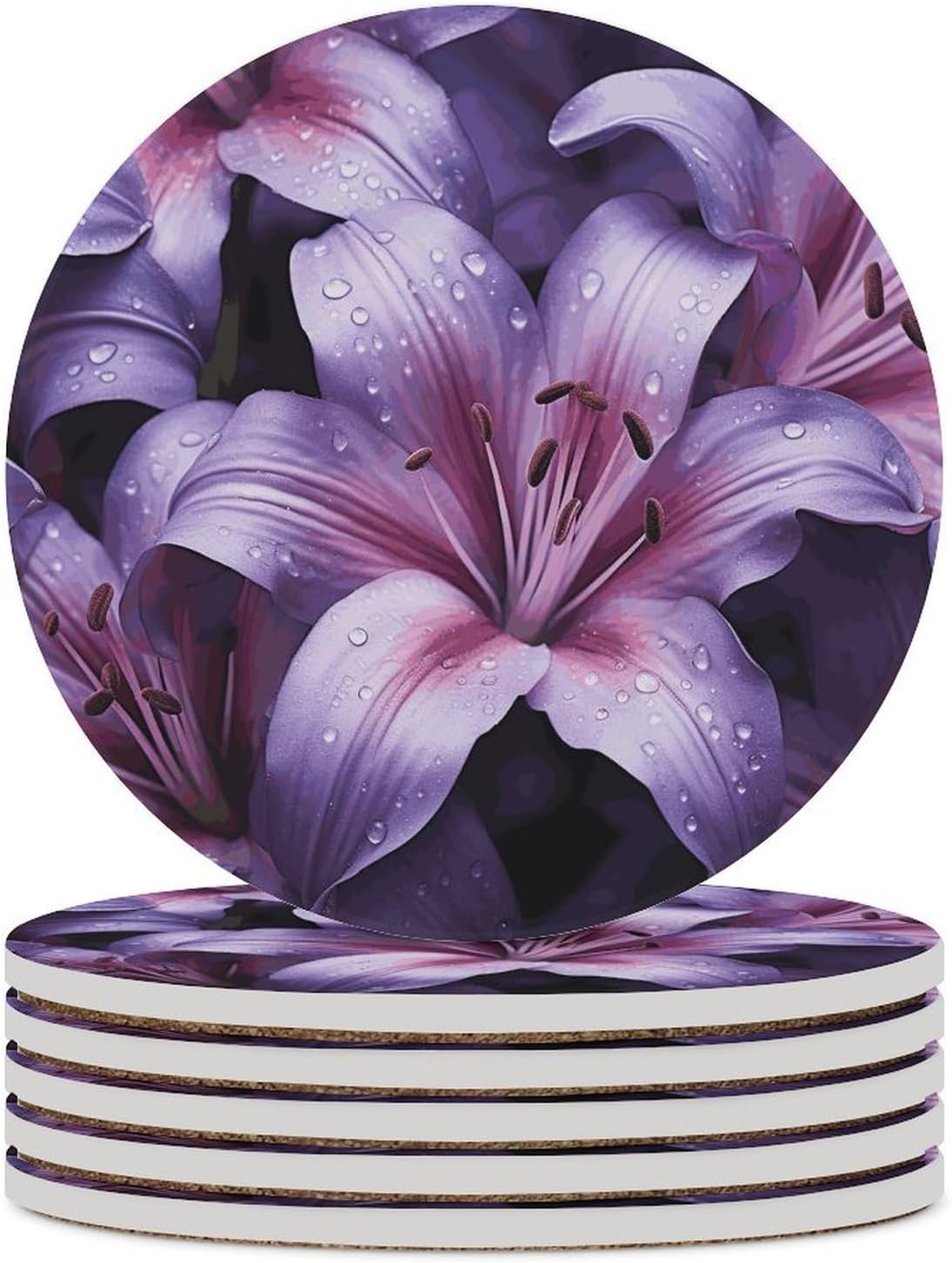 Purple Lily Flowers Coasters Round Coasters Set Ceramic Stone Coaster with Cork Base Coffee Cup Beverage Cup Mat Cute Funny Table Drinks Coaster for Mugs and Cups Office Kitchen