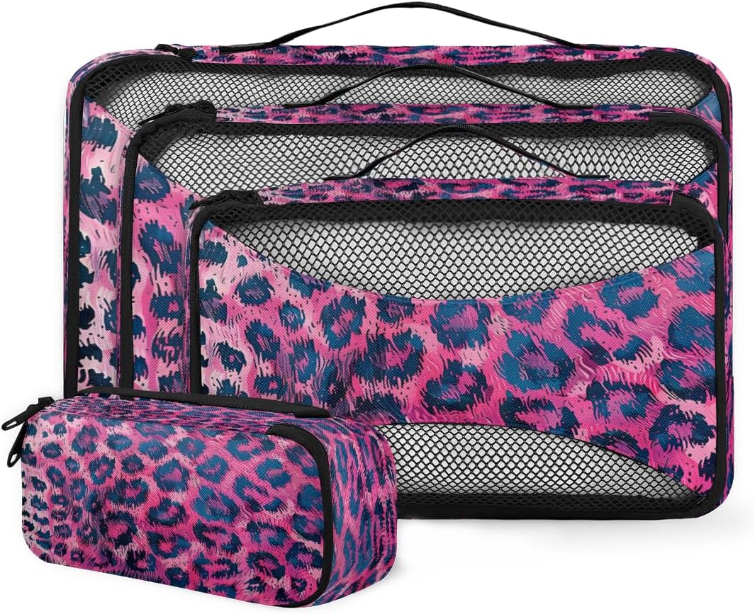 Pink Leopard Print 4 Set Packing Cubes Packing Cubes for Women Lightweight Travel Essential Bag Clothes Carry on Suitcase Bags for Accessories Essentials