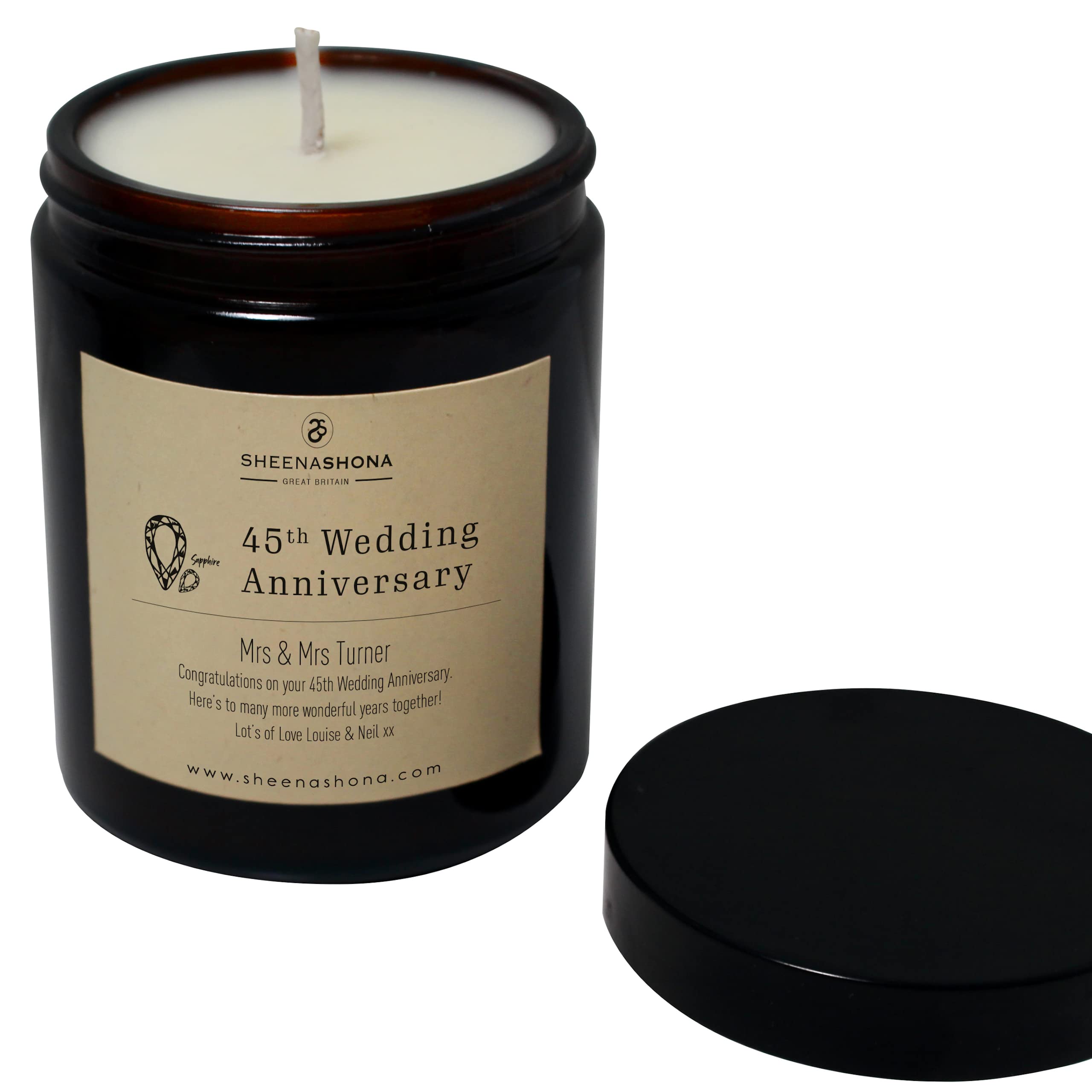 45th Year Sapphire Personalised Wedding Anniversary Scented SOYA Wax Amber Jar Candle (Peony & Rose)