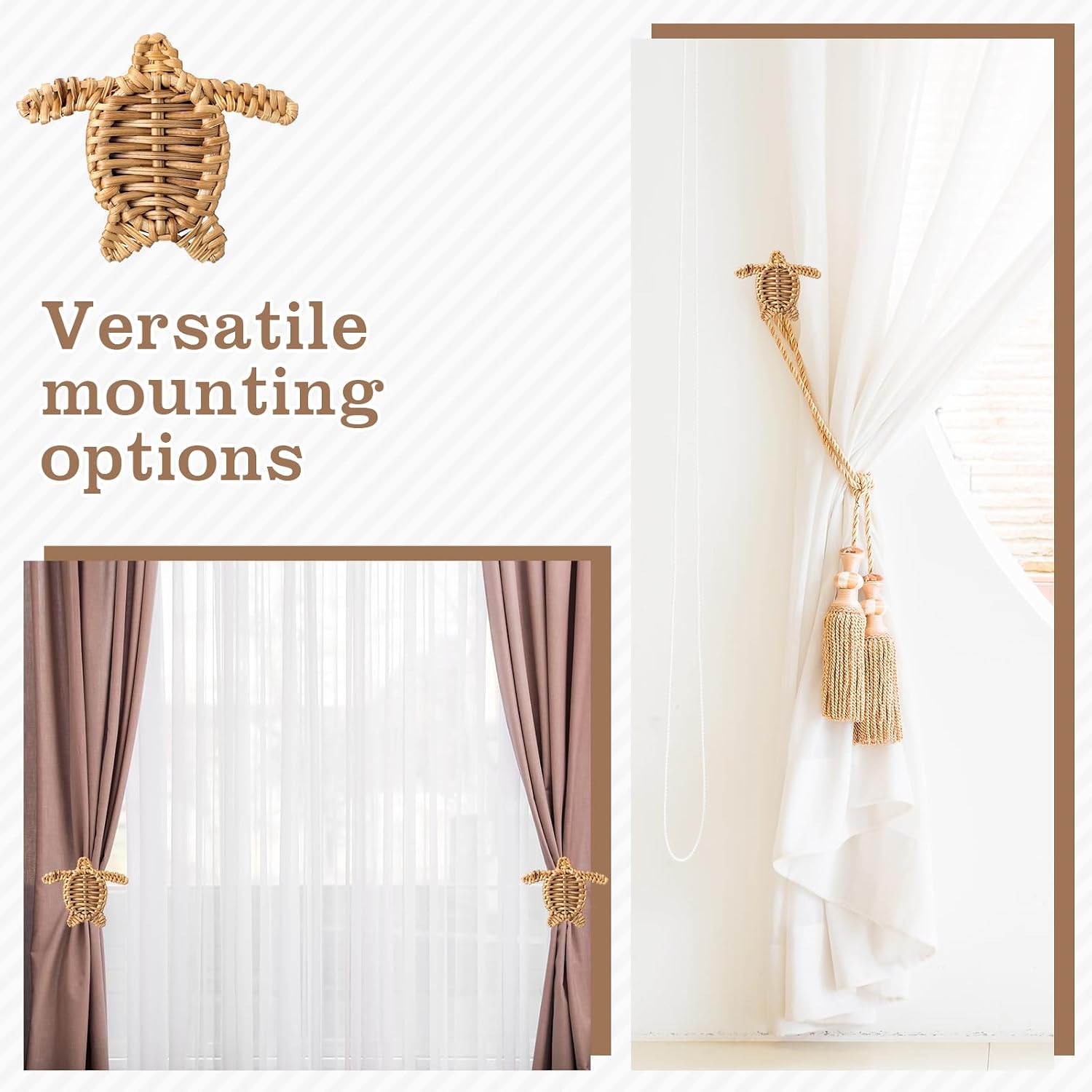 Leinuosen 2 Pack Boho Curtain Holdbacks Rattan Tiebacks, Sea Turtles