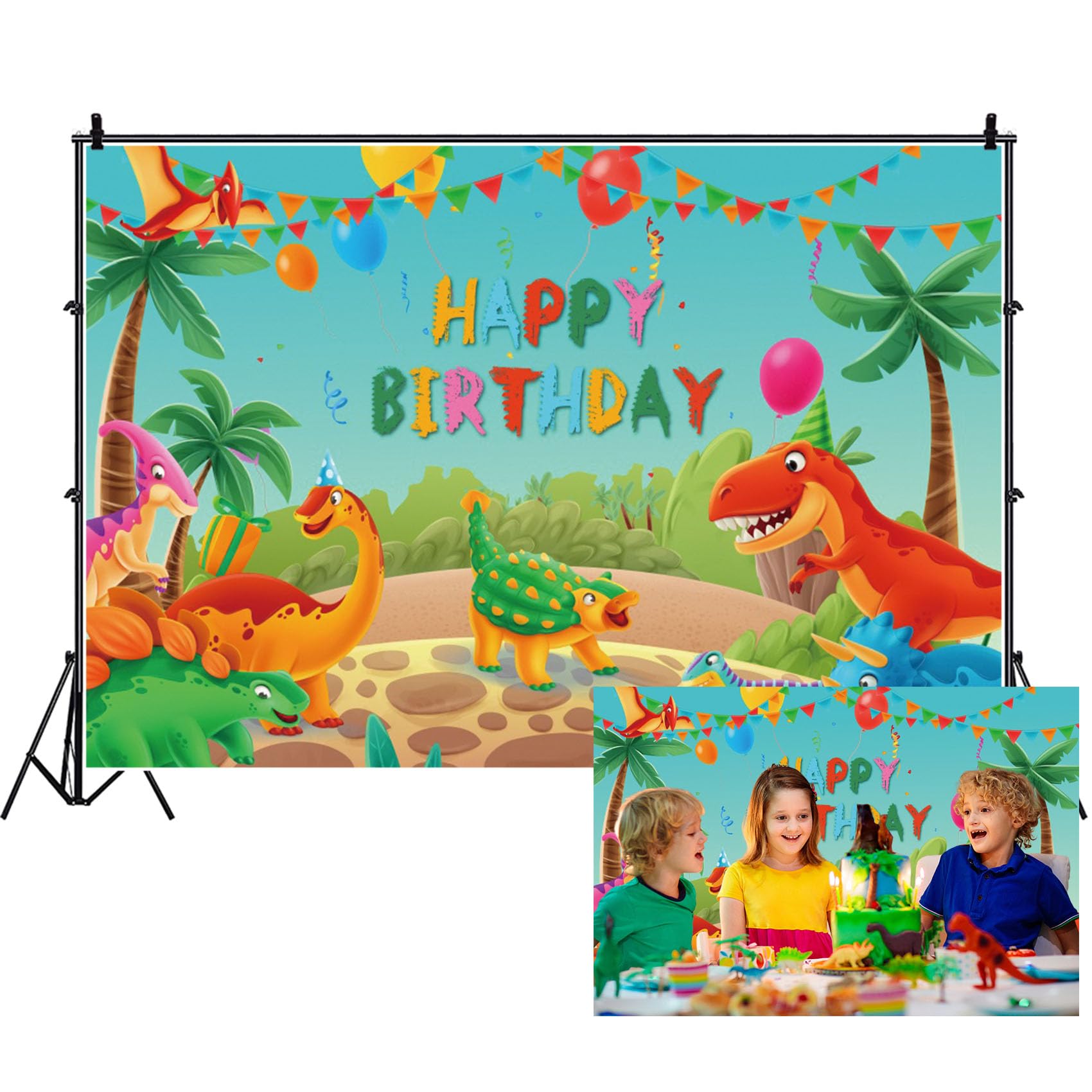 Renaiss 7x5ft Happy Birthday Dinosaur Theme Party Backdrop Colorful Dinosaurs Flags Balloons Tropical Plant Palm Trees Background Photography for Kids