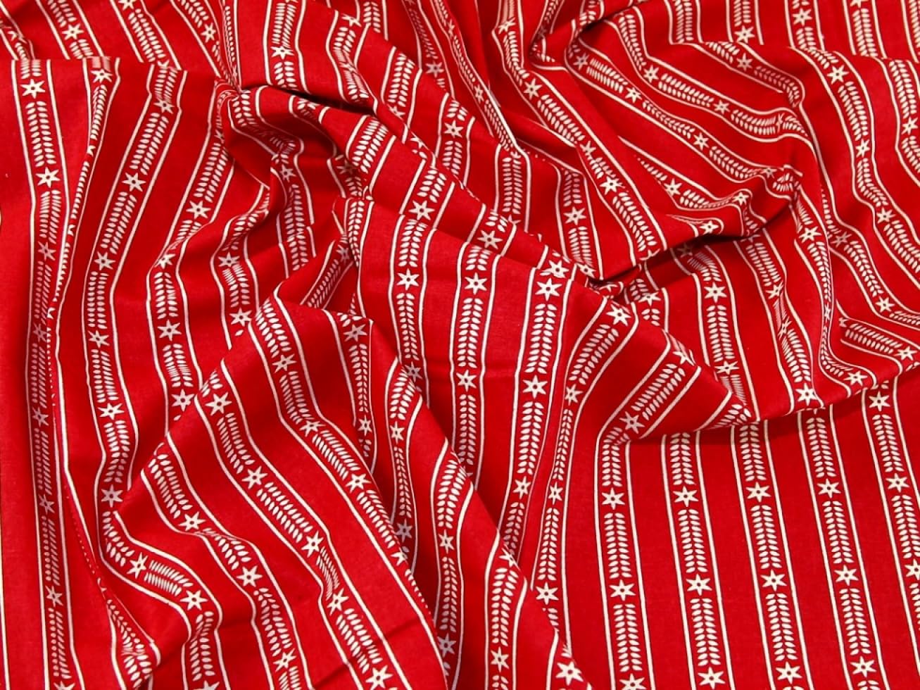 Minerva Natural On Red Contemporary Floral Stripe Print Cotton Calico Fabric - Per Metre