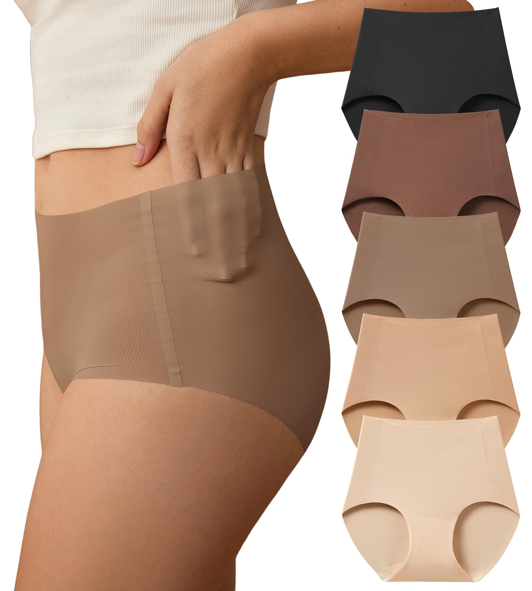 SHARICCA Seamless High Waisted Underwear for Women No Show Full Coverage Panties Nuage Microfiber Briefs Pack, 5P01, L