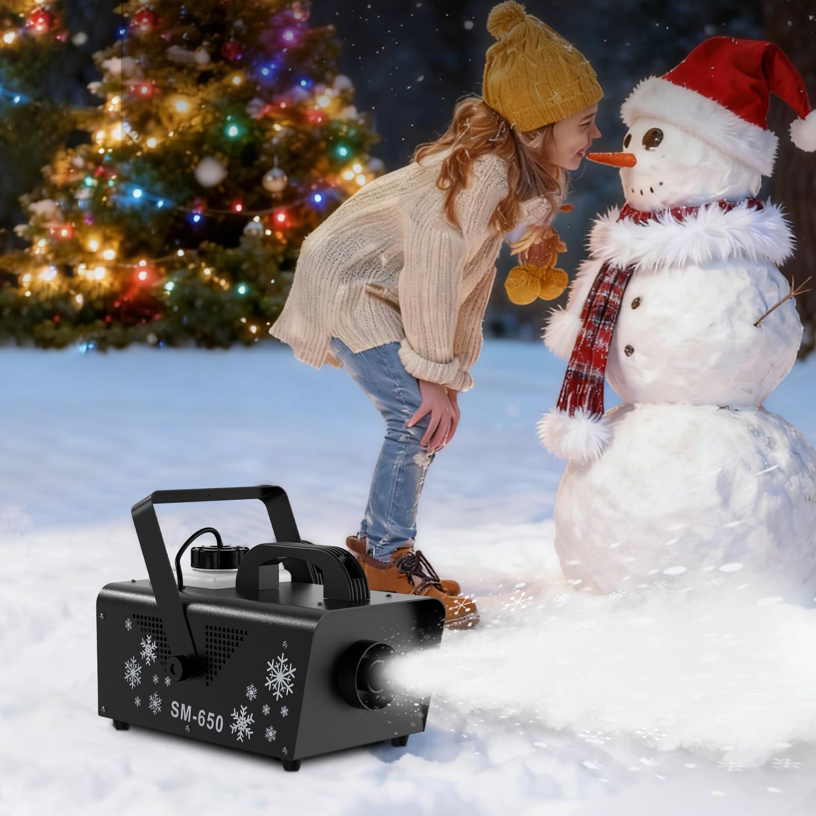 Kunstschneemaschine 600 Watt mit Fernbedienung – Schneekanone für drinnen und draußen mit 6 LED-Leuchten – Ideales Winter- und Partyschneegerät