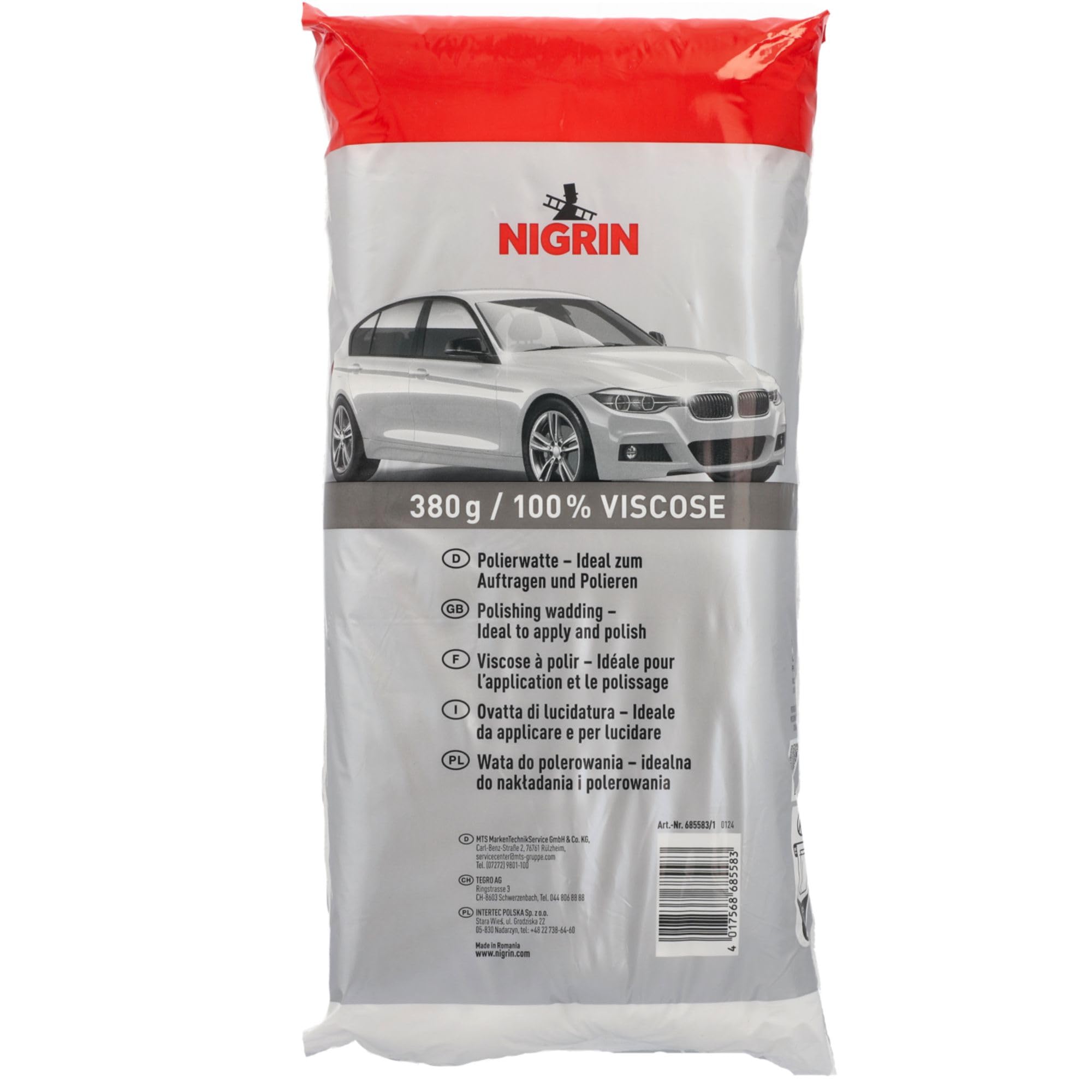 NIGRIN Polier-Watte, 100% Viskose, fusselfrei & saugfähig, ideal zum Auftragen & Polieren von Autolack, weiche, lackschonende Premium-Polierwatte, 380 g