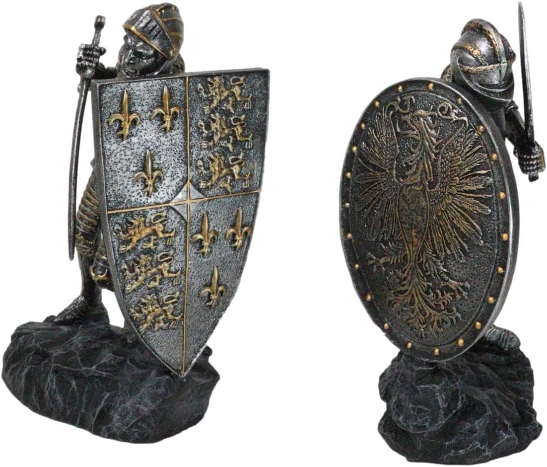 Ebros Dueling Medieval Crusader Knights with Giant Coat of Arms Heraldry Shields Bookends Statue Set 8.25" Tall Suit of Armor Swordsman Knight Age of Kings Decorative Book Ends Sculptures