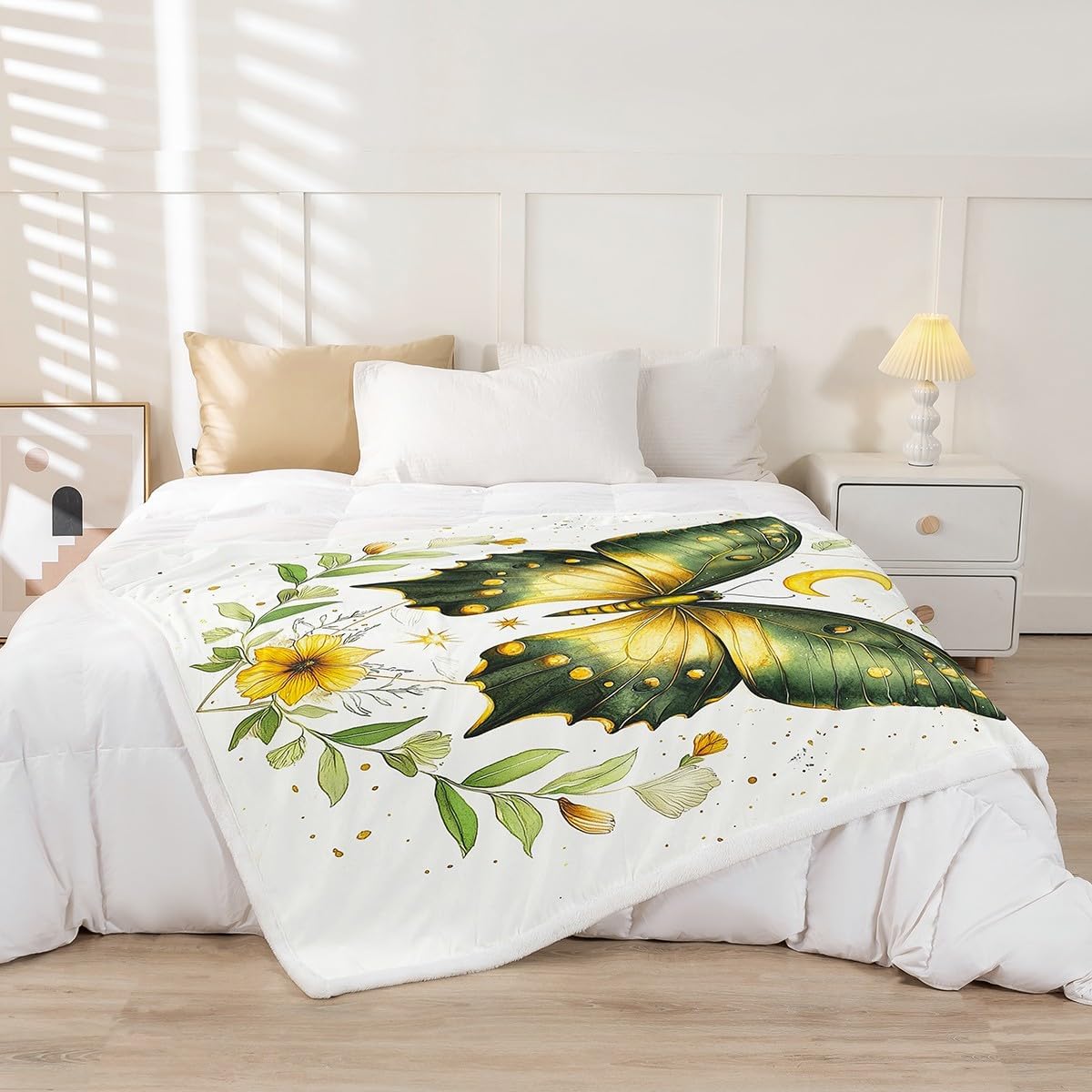 Castle Fairy Watercolor Moth Kids Plush Blanket,Green Butterfly Leaves Yellow Floral Bed Blanket Art Home Decor,Stars Moon Botanical White Modern Fuzzy Blanket for Office Chair, X Size (40 x 50 Inch)