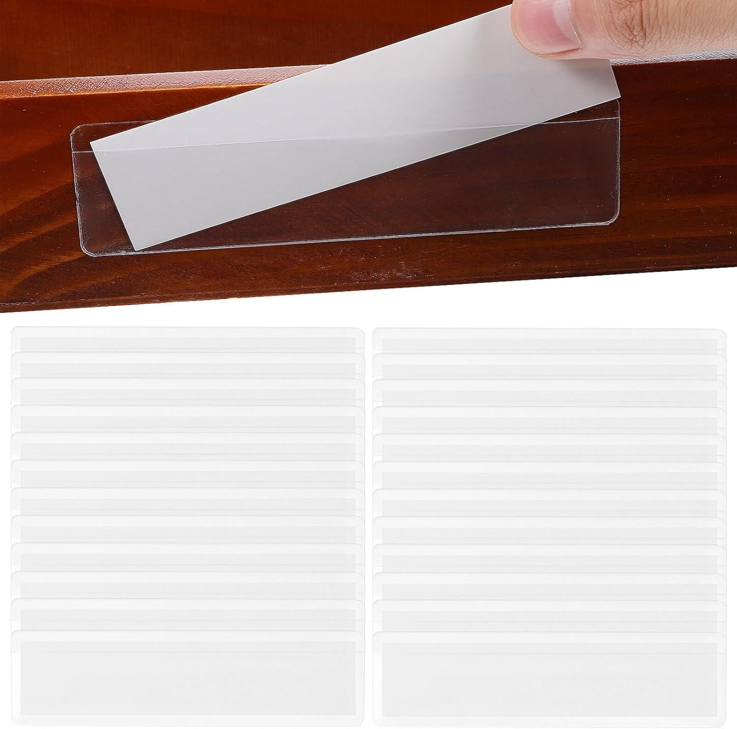 Jeyiour 100 Pcs Label Holders Adhesive Label Pockets Mailbox Tag Shelf Plastic Peel Stick Tag Clear Long Side Open Price Sign Fo - View #5