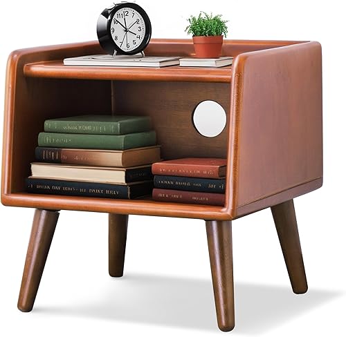 Miniatura 8 de Mesita de noche pequeña, mesa de noche 100% madera de roble macizo, mesita de noche moderna de mediados de siglo con almacenamiento abierto, armario