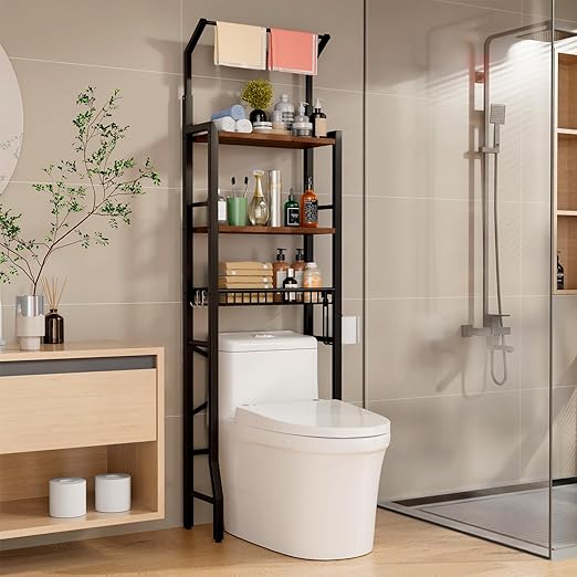 Over The Toilet Storage Cabinet, Over Toilet Bathroom Organizer 4-Tier Over Toilet Shelf Freestanding Space Saver Bathroom Shelves Above Toilet for Room, Black