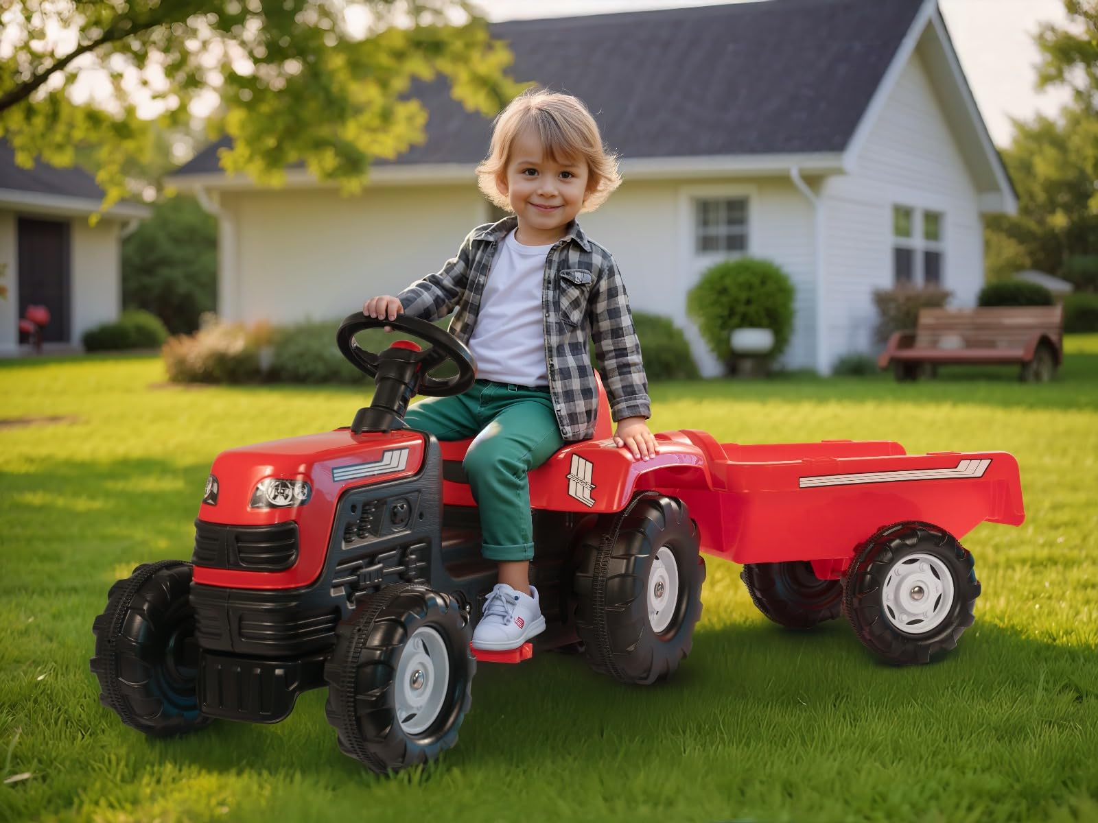 Dolu Ranchero Trattore cavalcabile per bambini con rimorchio, trattore a pedali con rimorchio per bambini dai 3 anni in su, giocattolo ideale per interni ed esterni - rosso