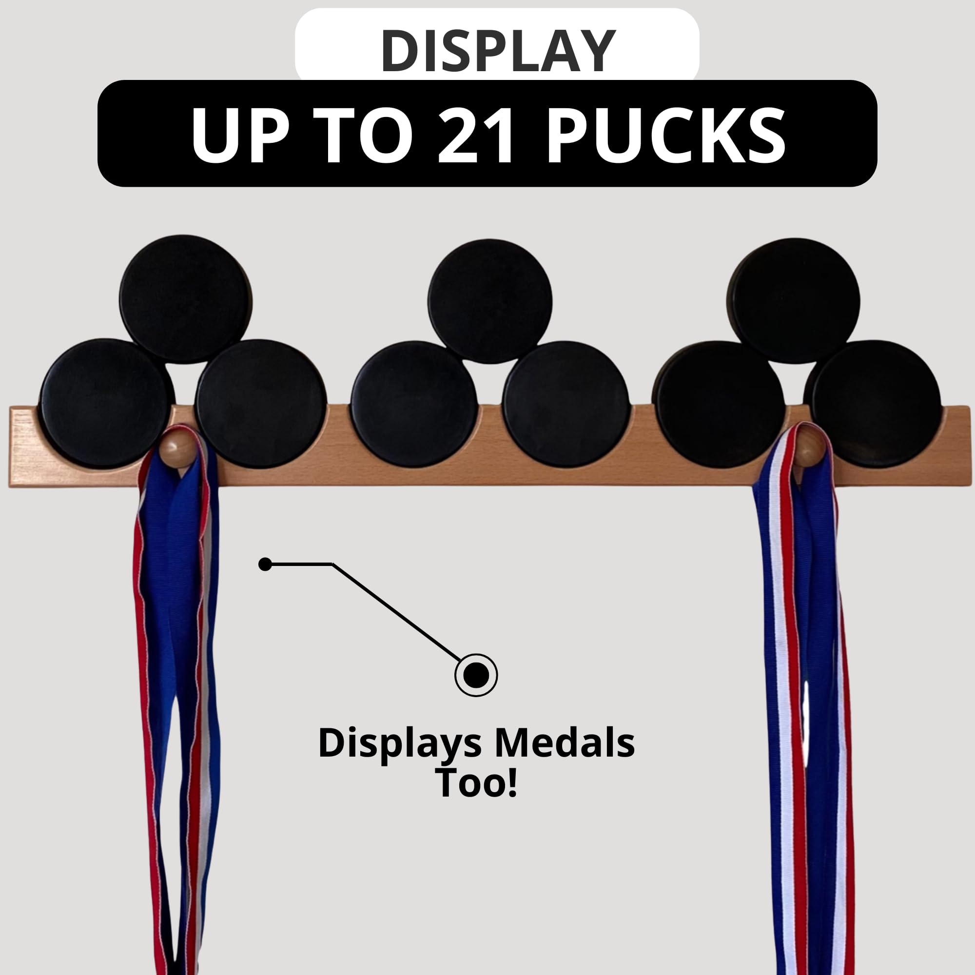 Soporte De Pared Para Sombreros Con 8 Ganchos En Palo De Hockey De Madera Dura. Totalmente Montado, Regalo único Para Fanáticos De Los Deportes. Montaje Horizontal O Diagonal En Pared O